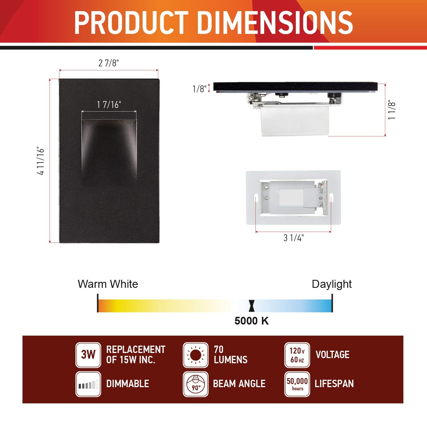 OSTWIN 120V LED Step Light, 3W 70lm, Dimmable Indoor Outdoor Stair Light, 5000K (Daylight) Vertical Stairway Lighting Fixture, S