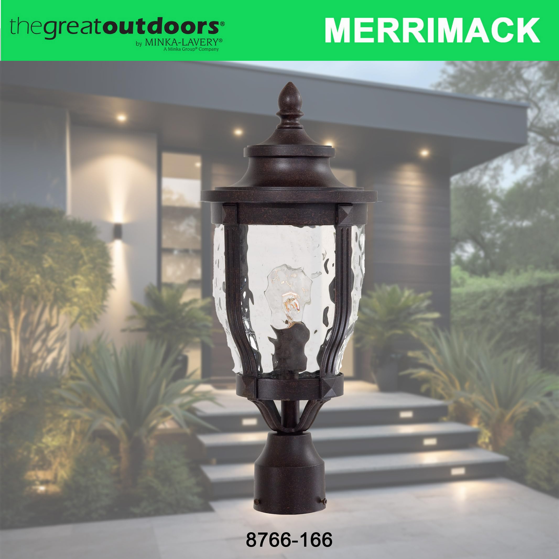 The Great Outdoors 8766-166 Merrimack Outdoor Post Mount, 1-Light, 100 Total Watts, 8-In H X 19.75-In W, Corona Bronze