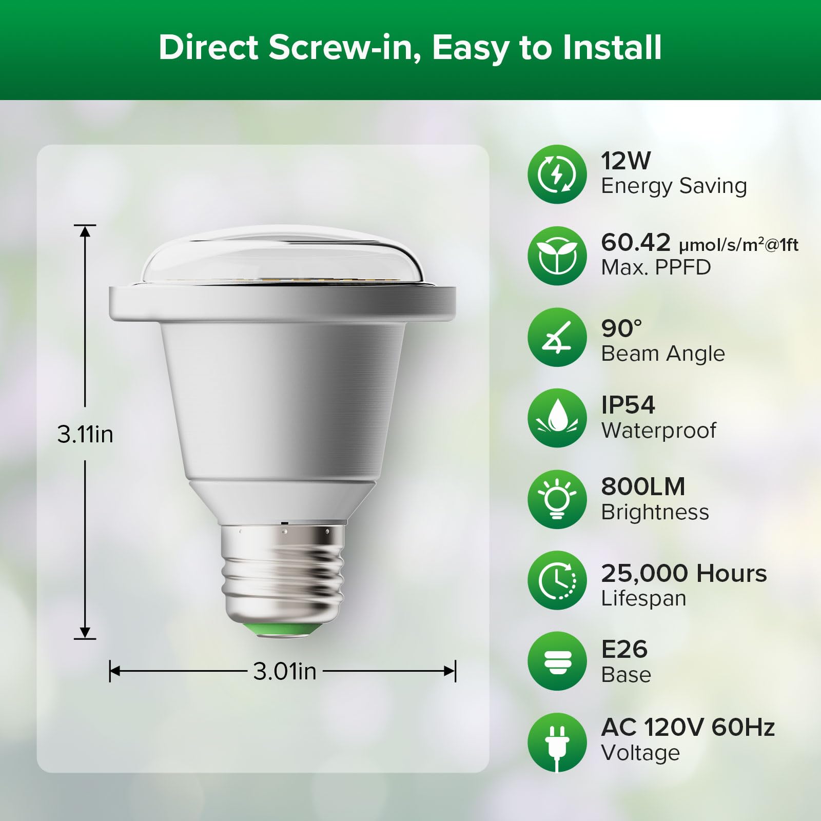 SANSI LED Grow Light Bulb, 12W BR20 Full Spectrum, 5000K Daylight, E26 Base, 25,000 Hours Lifespan, IP54 Waterproof