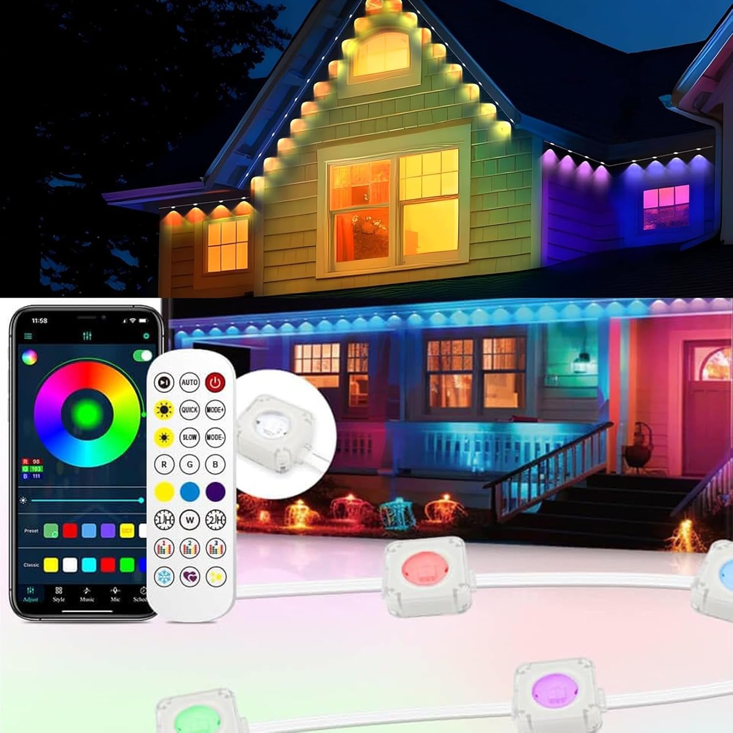 Permanent Outdoor String Lights 200Ft(1 String), Smart Rgb+Ic App Control With 120 Leds, Led Eaves Lights Ip67 Waterproof, House