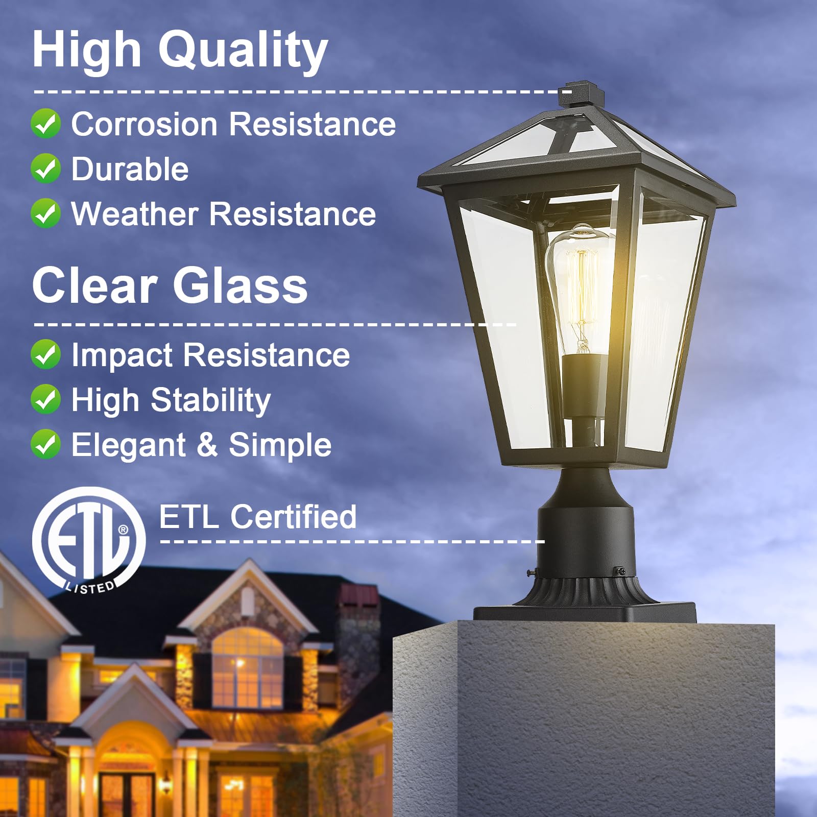 Luminzone Outdoor Post Light Fixture, Waterproof Aluminum Lamp For Walkway & Patio, Matte Black