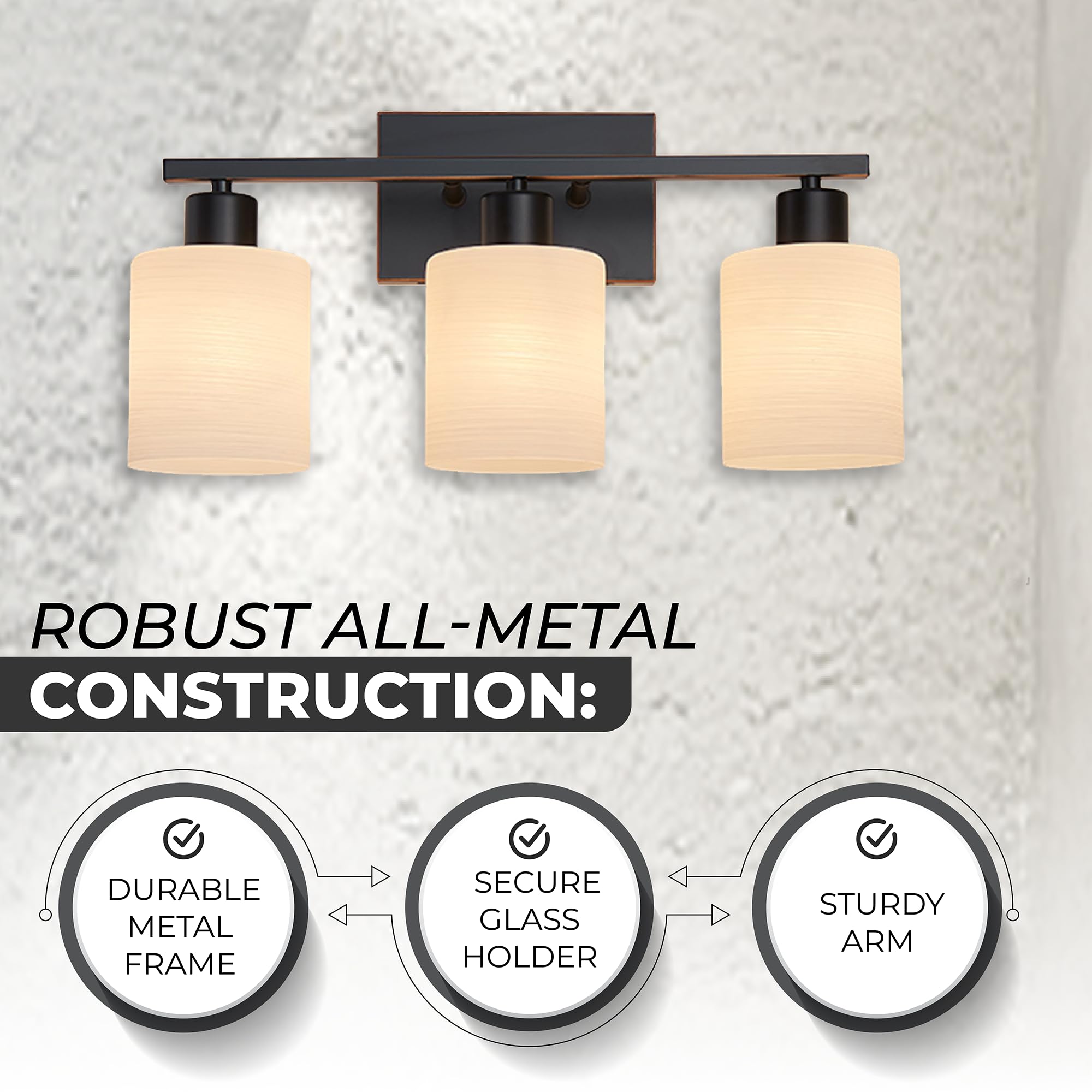 The Door Bull Modern Bathroom Vanity Light, 3 Lights, Oil-Rubbed Bronze, Stainless Steel, Milky White Glass Shades, Model VNT-1000