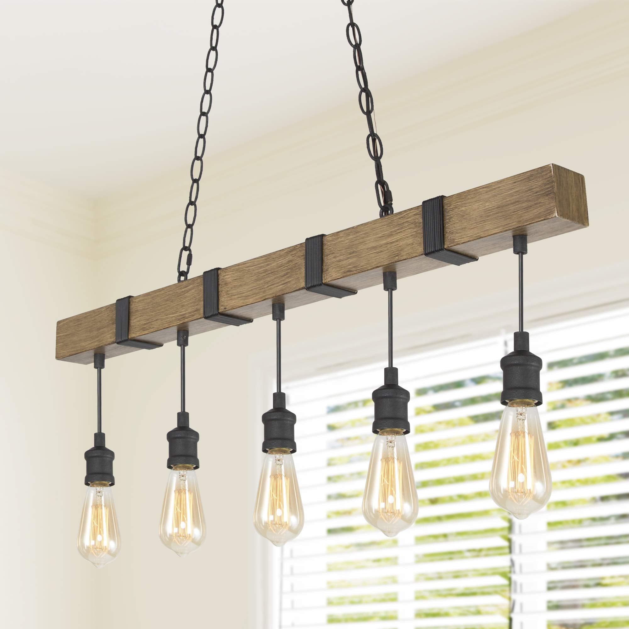 LOG BARN Kitchen Light Fixtures, Farmhouse Chandelier for Kitchen Island in Rustic Faux Wood with Black Wires, 5-Light Pendant L