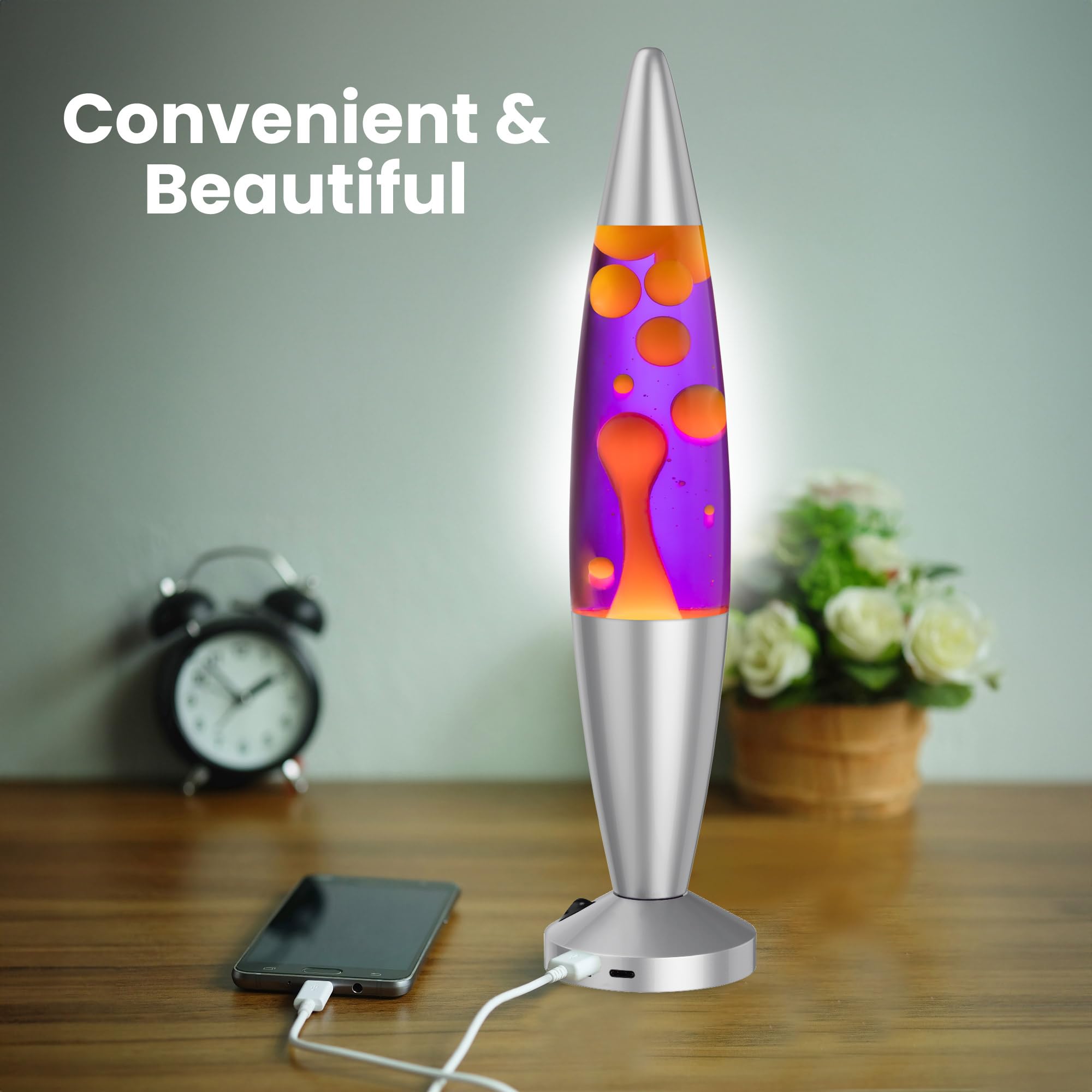 JAMBO 16in Liquid Motion Lamp with USB, Purple Liquid & Yellow Wax, Silver Base, Model 55000, Night Light for Home Decor