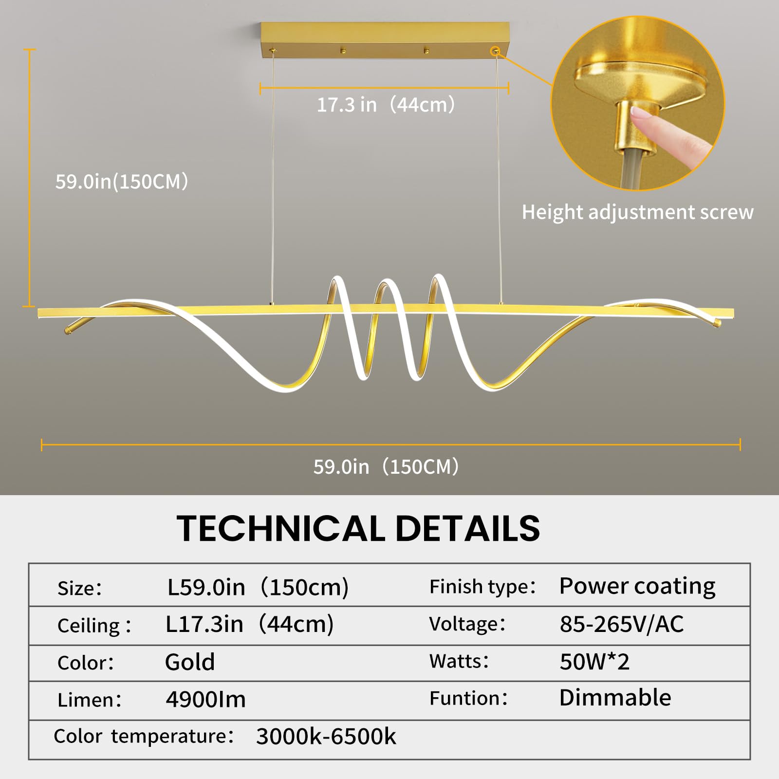 Matven Modern Dimmable Desk Linear Pendant Light, Remote Control, 3 Color Modes, 59IN, Gold