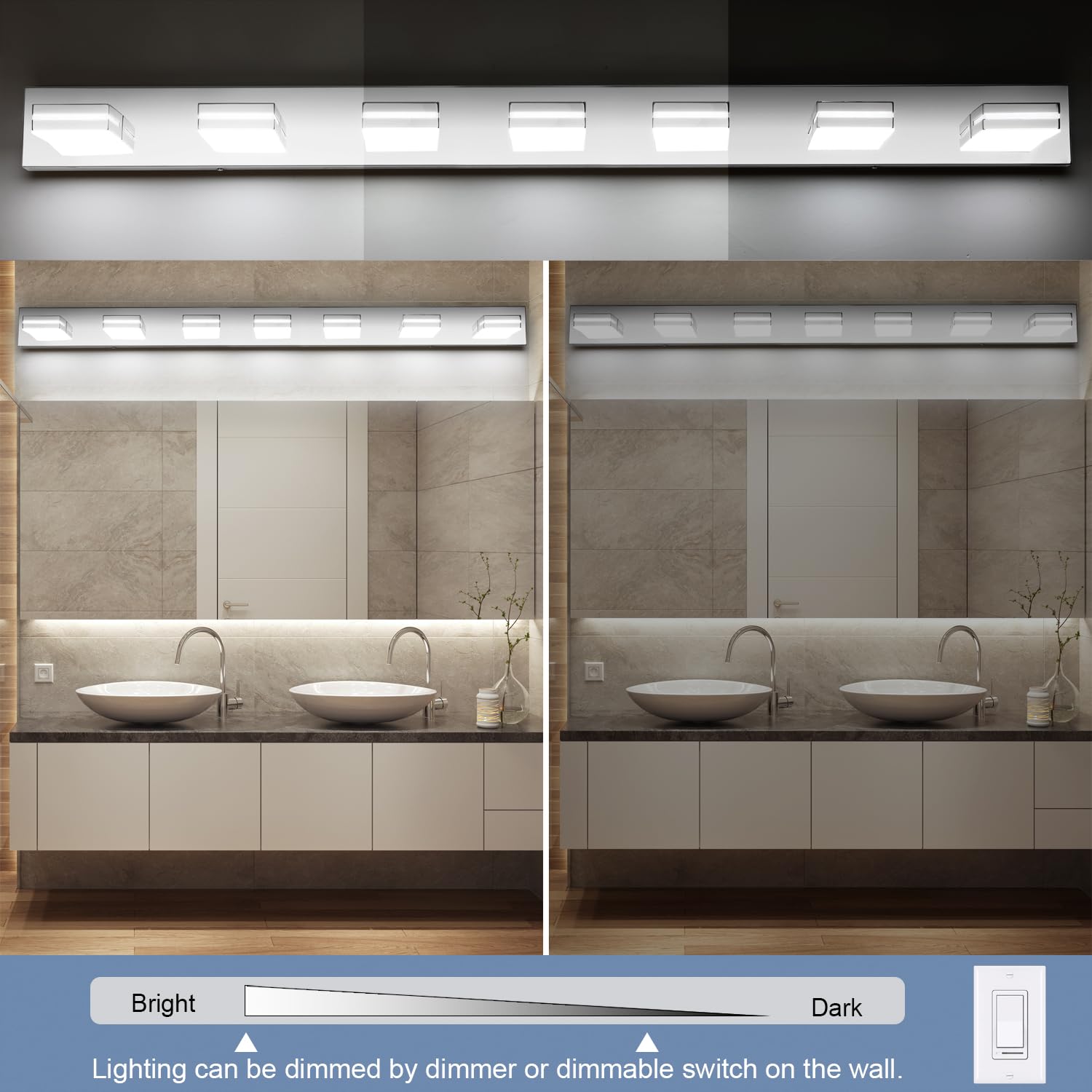 Sinerise Led Modern Bathroom Vanity Light Fixtures (7-Light, 55-Inch, Dimmable), Chrome Modern Acrylic Bathroom Wall Lighting Fi