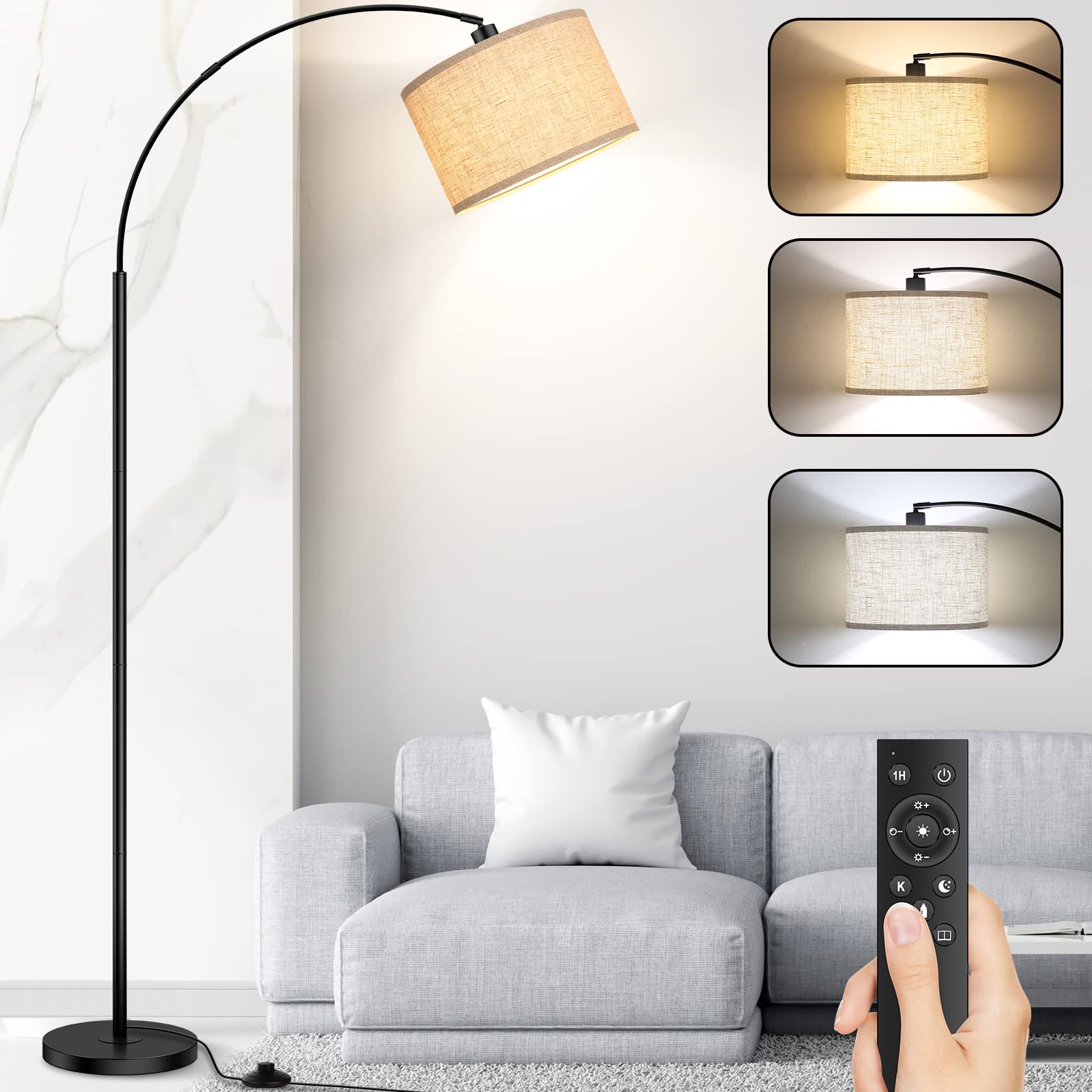Arc Floor Lamps for Living Room, Modern Remote Control Standing Lamp with Stepless Dimmable, Black Tall Floor Lamp,Over Couch Ar