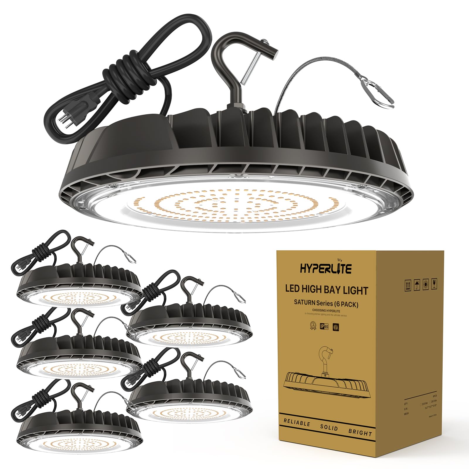 HYPERLITE LED High Bay Lights: 150W 6000K 21000lm 6Pack Shop Lights with US Plug, Ideal for Warehouse, Barn, Shop, Garage, Facto