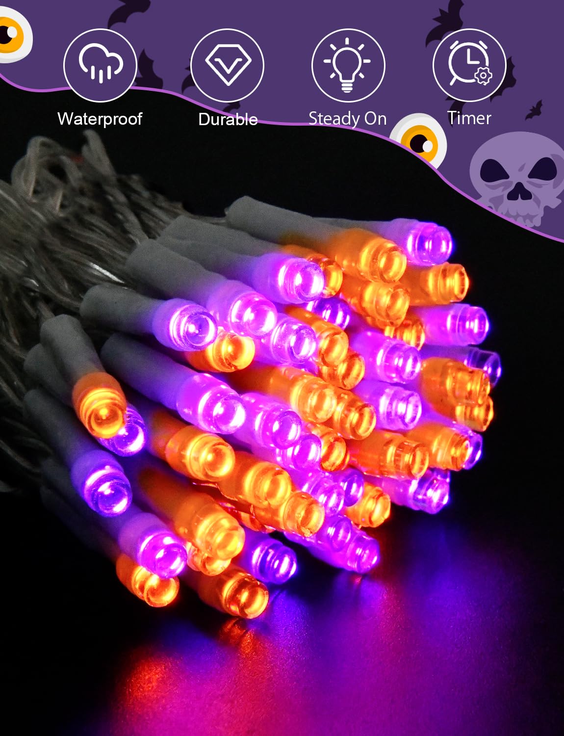 Cshare Halloween String Lights Battery Operated With Timer, Orange And Purple Halloween Lights Outdoor 9.8Ft 30Led, Halloween De