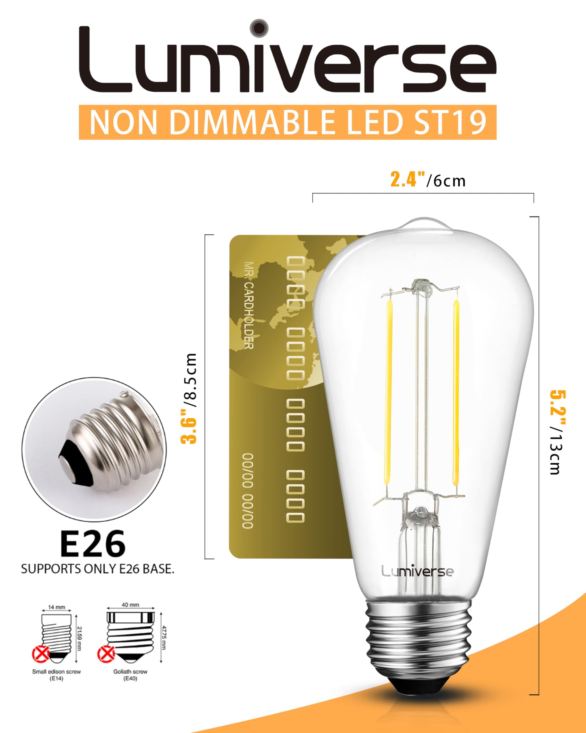 St19 Led Edison Bulb, 5.5W (60W Equivalent) 500Lm Cri 95+, Non-Dimmable, 2700K Soft White, E26 Medium Base, Vintage Filament, Cl