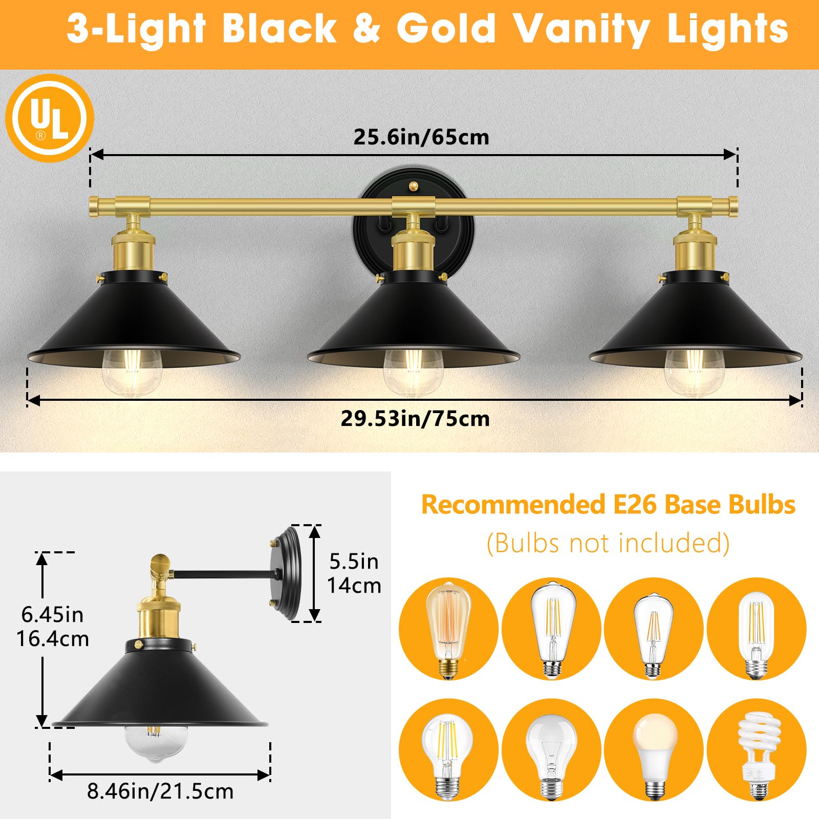Licperron 3-Light Bathroom Lighting Fixtures, Metal Wall Lights, Black & Gold, Farmhouse Style, Indoor Use