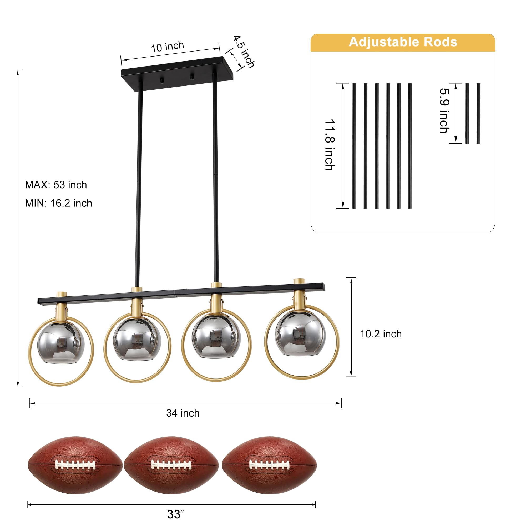 Kveosv 4-Light Gold Black Chandelier Modern Farmhouse Linear Light Fixture Smoke Gray Glass Shade