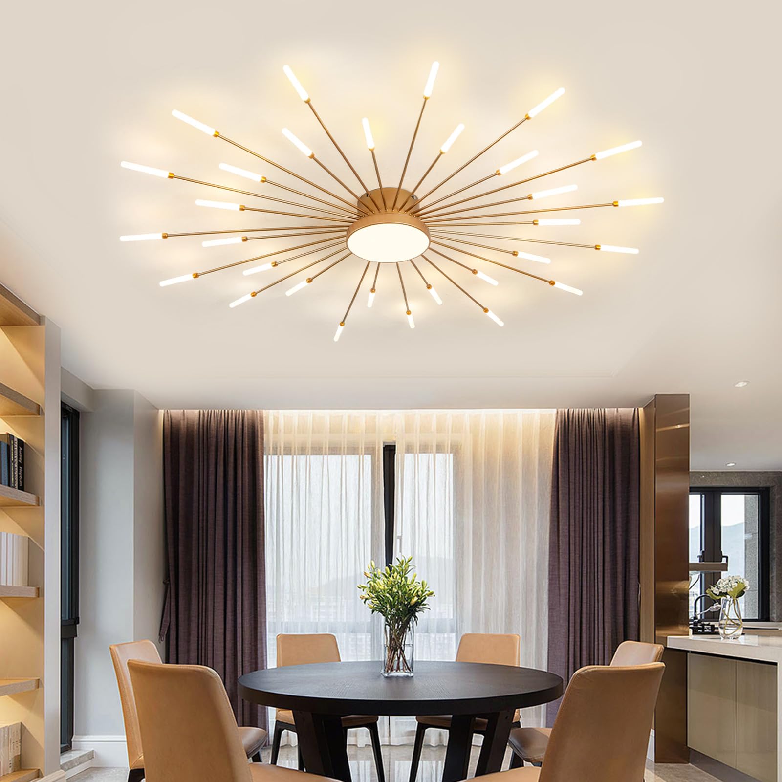 Ziidoo Modern Ceiling Light 30+1 Lights Metal Firework Designed Chic Led Lighting Fixture For Farmhouse Kitchen Dining Room Bedroom Hallway Living Room (Gold And Dark Gold)