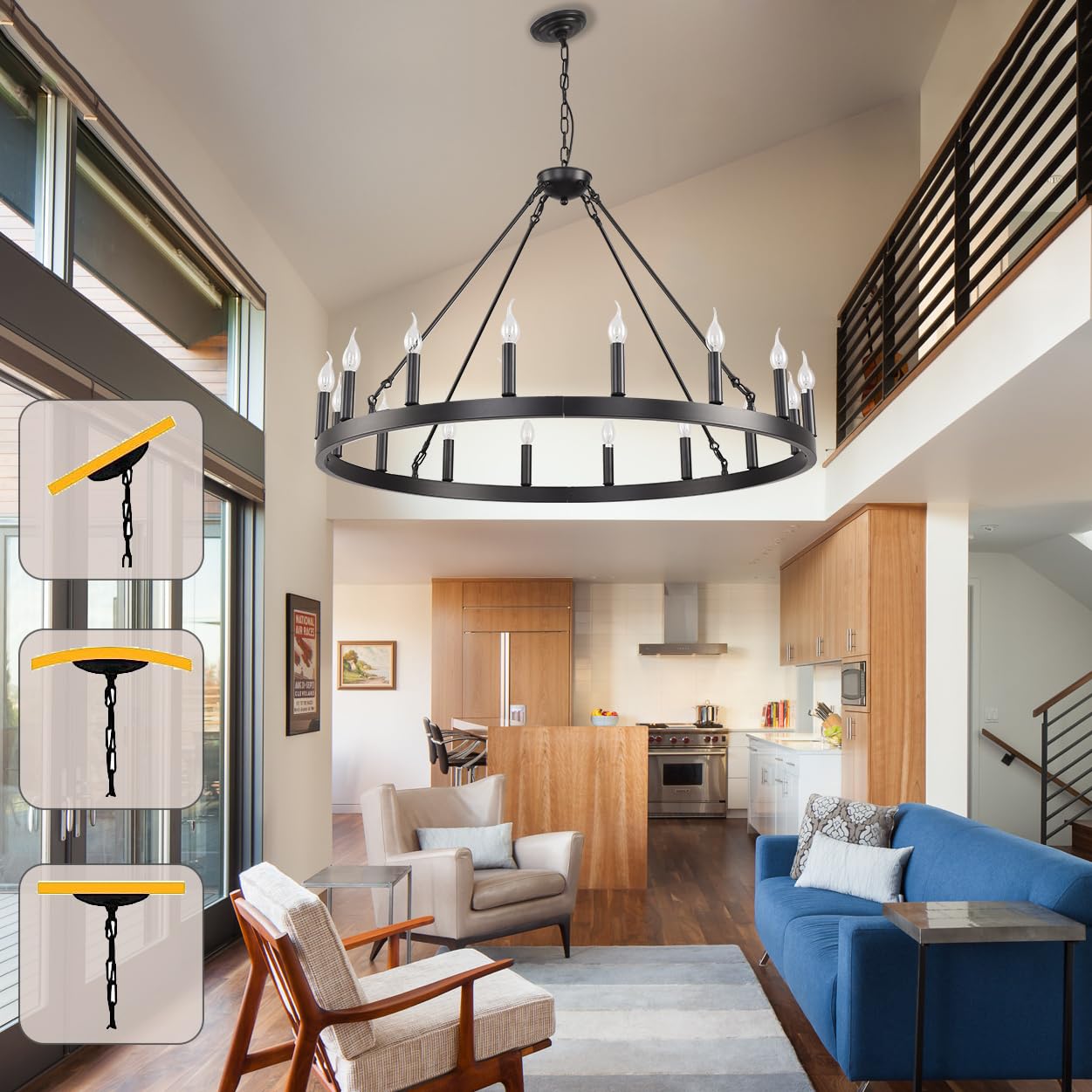 Sarudiir 40&quot; Black 16-Light Rustic Farmhouse Wagon Wheel Chandelier For Porch & Dining Room