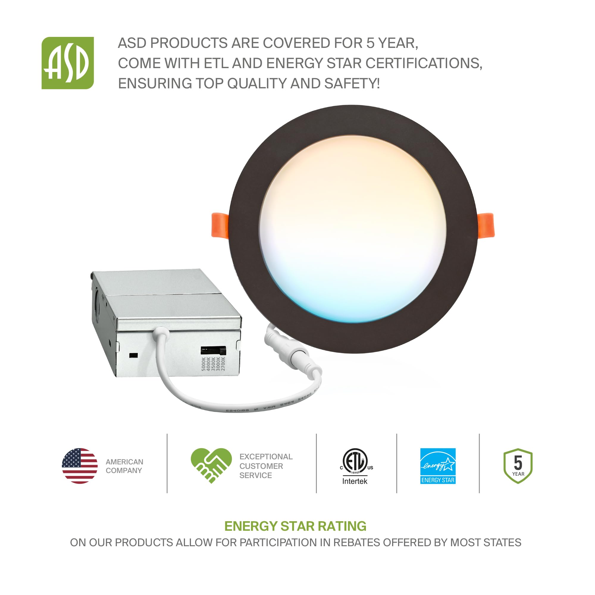 Asd 6 Pack Led Recessed Lighting 6 Inch 12W  5 Cct 2700K-5000K Cri90+  Ic Rated Ultra Thin Dimmable Ceiling Lights With J Box  Canless Wafer Downlight  Round Slim Panel Light  Energy Star Etl  Bronze