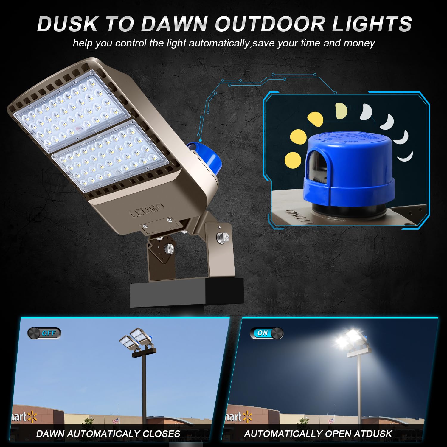 LEDMO 200W LED Parking Lot Lights - 28000LM Dusk to Dawn, Adjustable Trunnion Mount, IP65, Brown, 3 Pack, Model 1511C-N