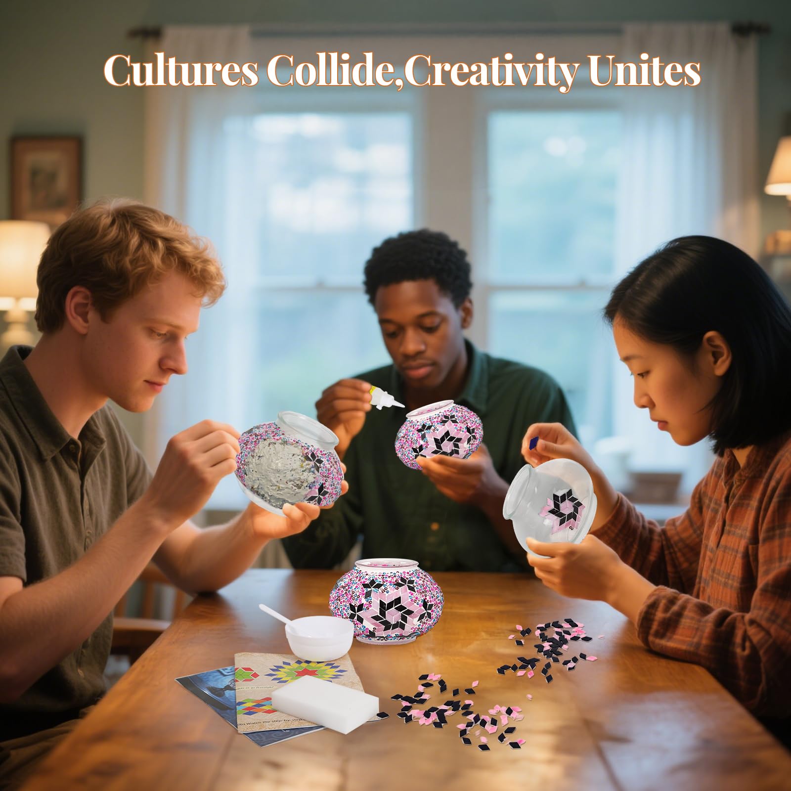 Bohmr Diy Turkish Mosaic Lamp Kit Moon Table Lamp Making Kit Easy No Sreduces Craft For Family Team Decorative Table Desk Light Crfat Kit For Living Room Bedroom Make Your Own Table Lamp Gifts Pink