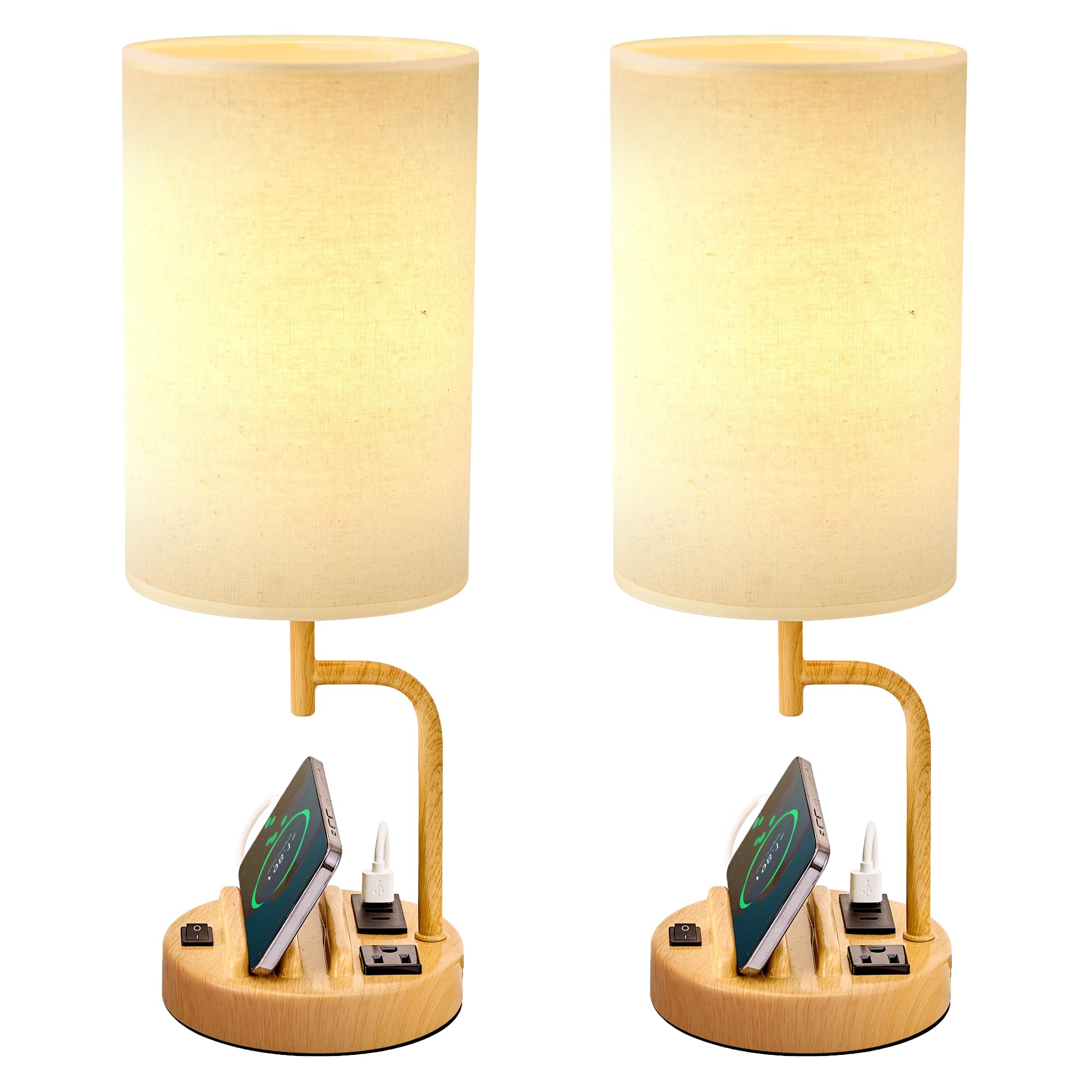 Dreamholder Table Lamp with 3 USB Ports, AC Outlet, Phone Stands, 6.1in Round, Cream Linen Shade, Model DH9099, Pack of 2