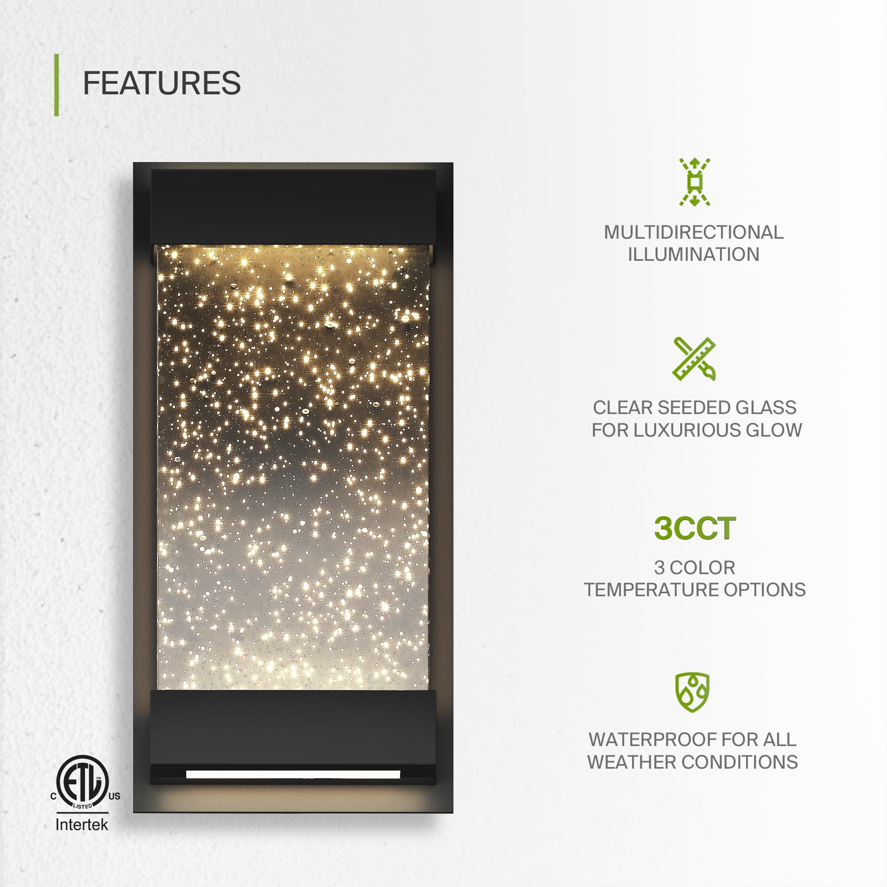 ASD 12 Inch LED Bubble Glass Wall Light Fixture | 22W 500LM 3000K-5000K | Dimmable, Waterproof, ETL Listed, Black