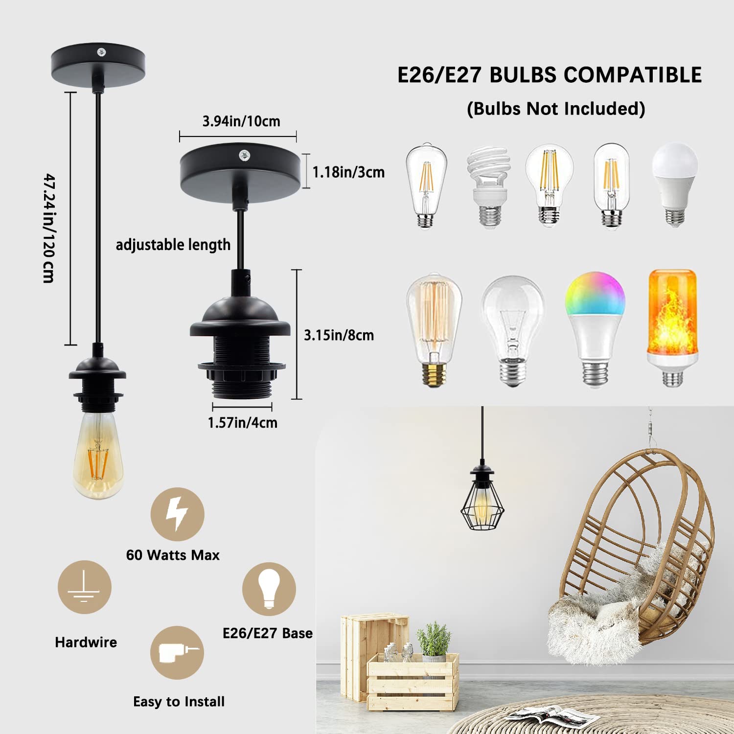 Pendant Light Kit 2Pcs Mini Pendant Light Cord Cable Socket E27 Lamp Holder With 3.94Ft Adjustable Industrial Vintage Hanging Ceiling Lantern Light Fixture For Bedroom Chandelier