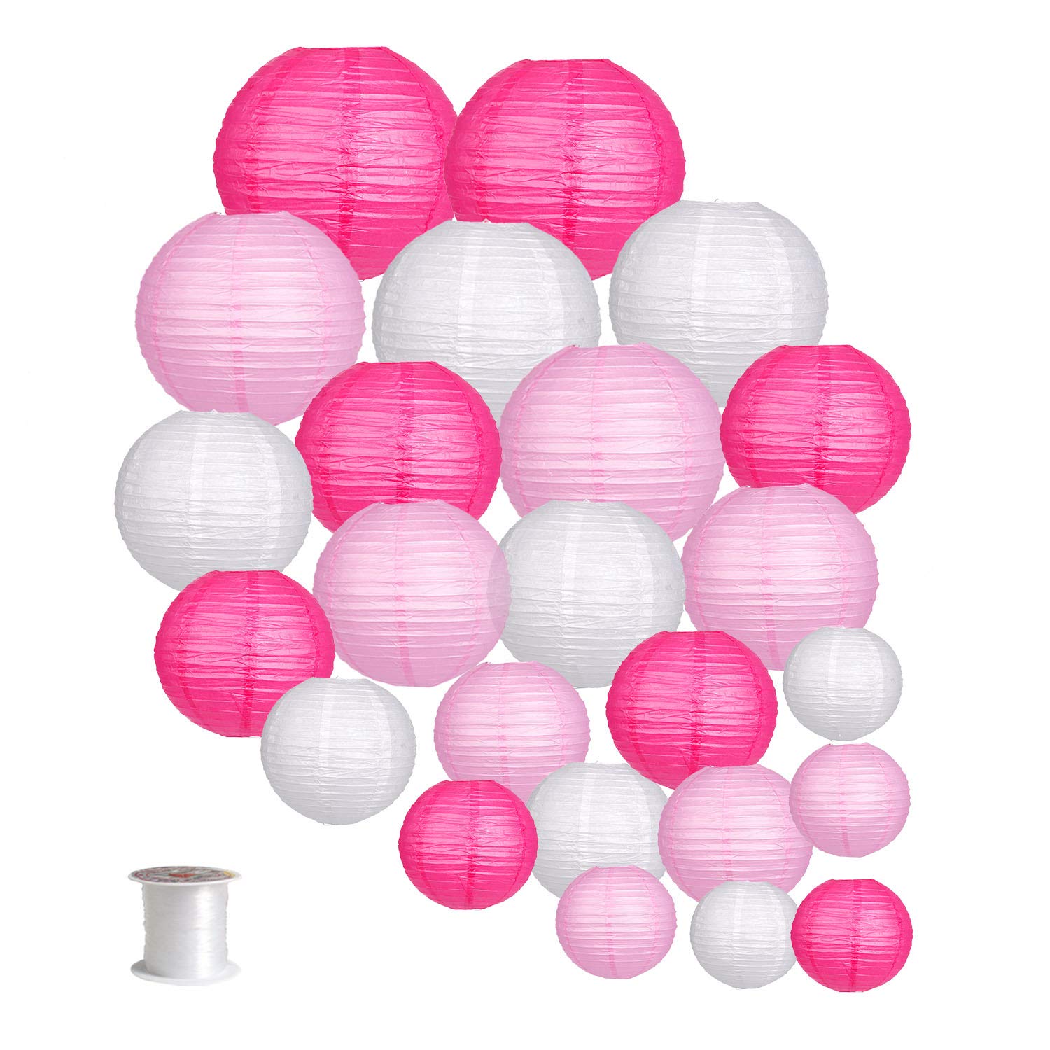 Zilue 24Pcs Round Paper Lanterns - Pink/White Decorations For Weddings & Parties