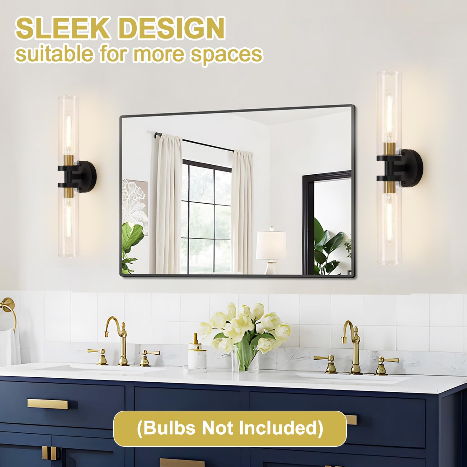 Indoi Wall Sconces Set of 2, Black and Gold Metal Lighting with Clear Glass for Bathroom, Living Room, Hallway, Bedroom - Model YX-050