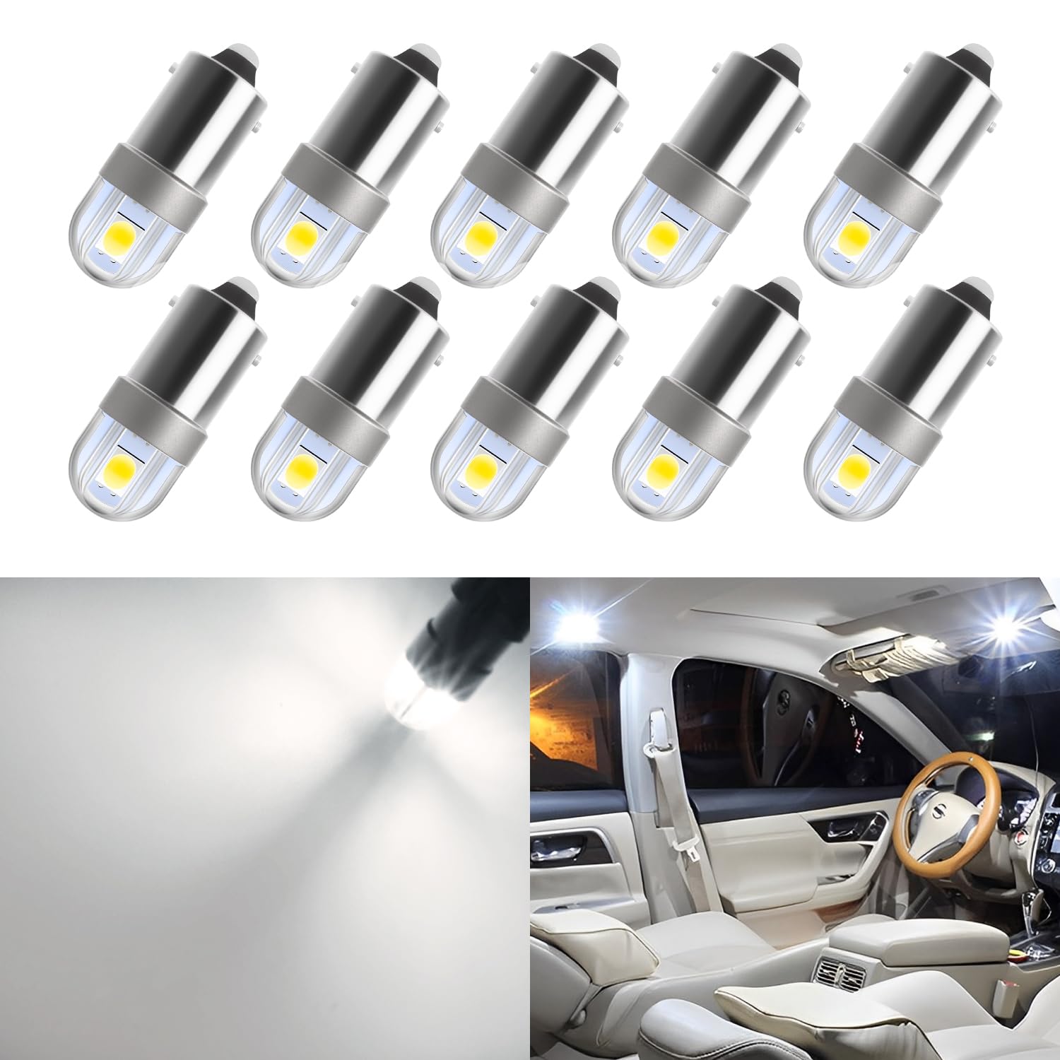 AUXLIGHT BA9S BA9 1895 1891 53 57 64111 3893 47830 Error Free LED Bulb, Super Bright 3030-SMD Interior Car Bulbs Replacemet for Dome Map License Plate Glove Box Lights (6000K White, Pack of 10)