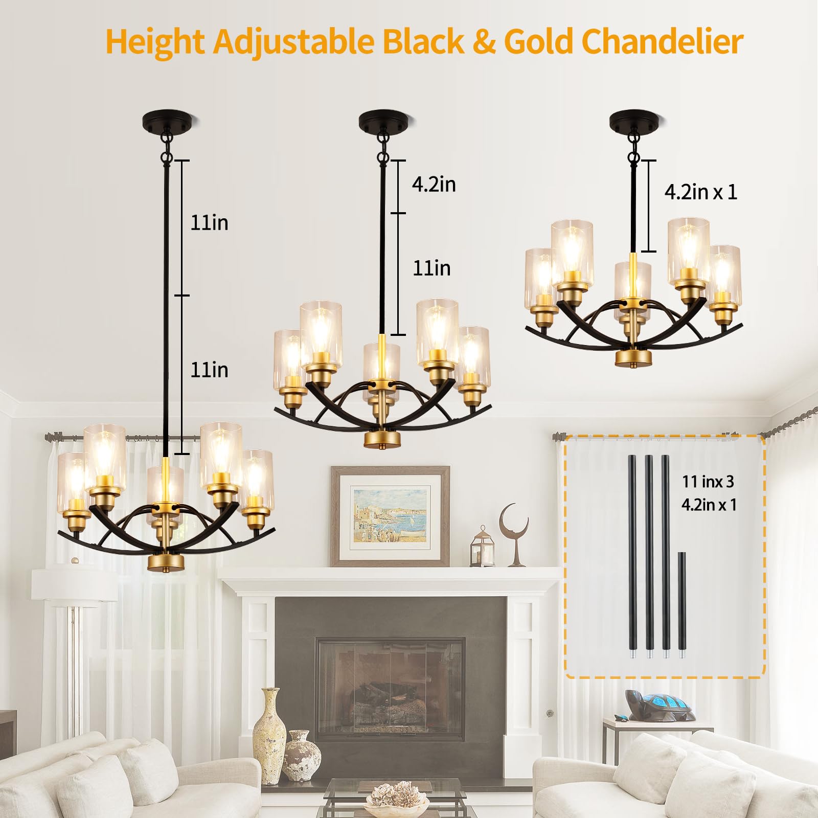 9MMML 5-Light Glass Chandelier, Wrought Iron Pendant Light, 22.8", Black+Gold Finish for Kitchen Island, Dining & Living Room