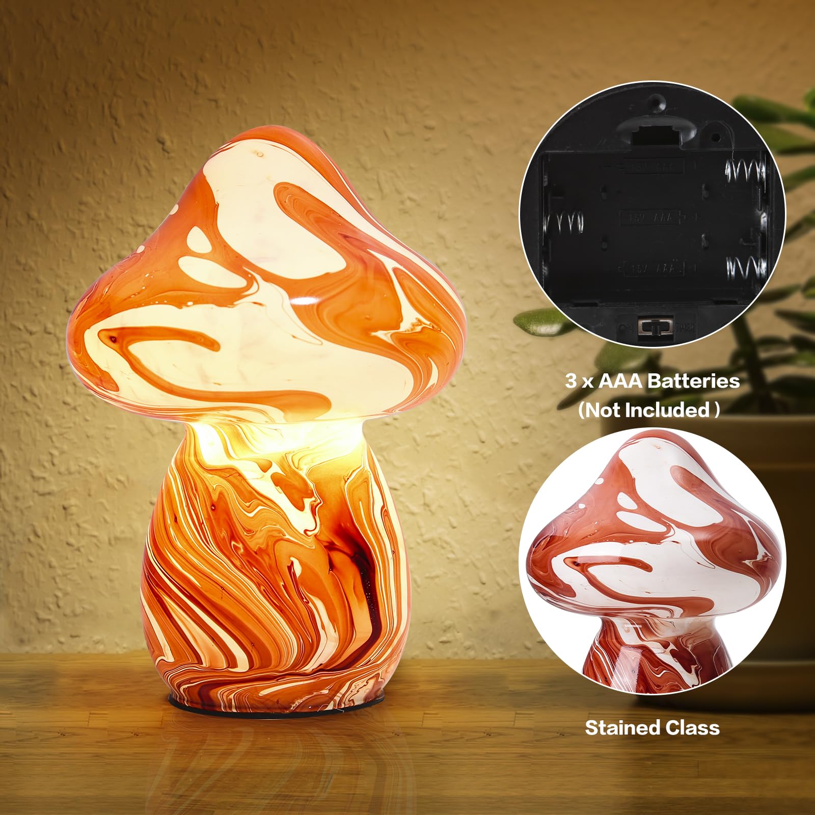 Jbgiyosg Glass Mushroom Table Lamps Night Lights Cordless Cute Small Nightstand Desk Lamp For Bedroom Living Home Decor Red (E27