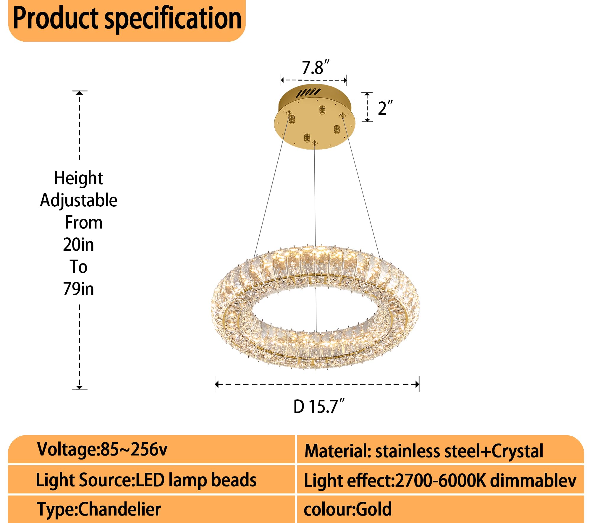Idequy Modern Crystal Chandelier Dimmable Led 15.7'' Gold Ring Pendant Light Adjustable Round Crystal Chandelier Light Fixtures