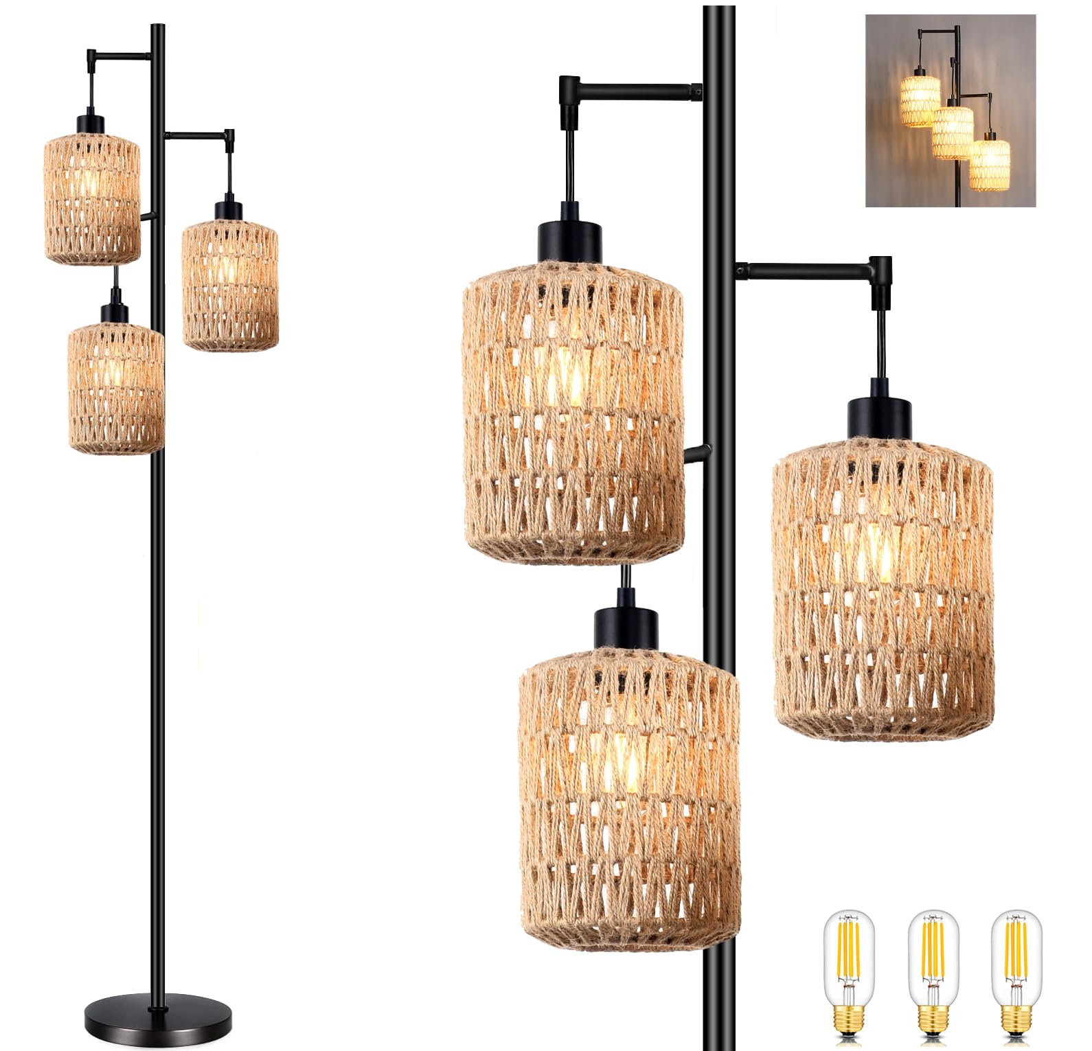 QIYIZM Floor Lamp, 3-Lights Boho Rattan, Black, Rustic Wicker Design, Tall Size