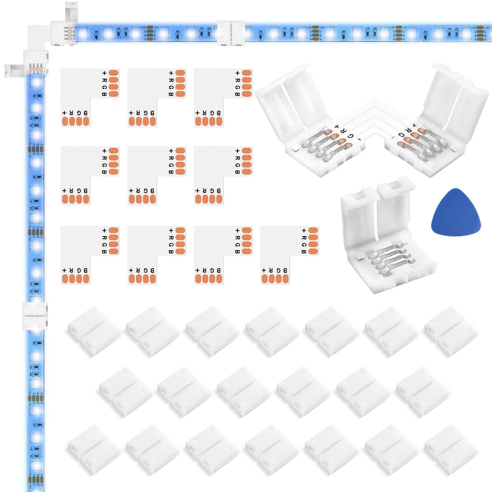 WENHSIN 10-Packs L Shape 4-Pin LED Connectors for LED Strip Lights 10MM Width Unwired Gapless Solderless Adapter Extension