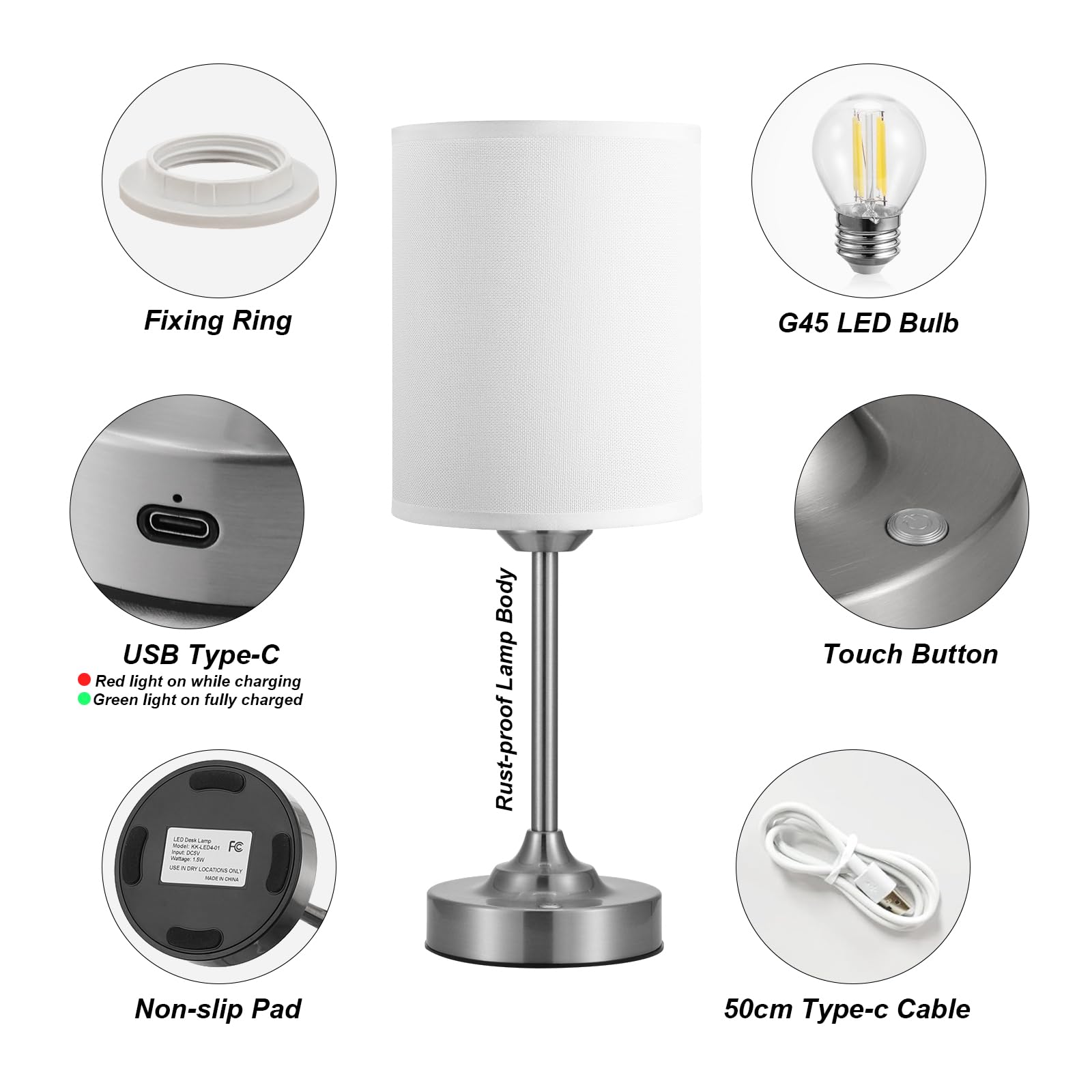 Touch Control Cordlss Table Lamp  Usb-C Rechargeable Lamp With Stepless Dimming  4000Mah Battery Operated Bedside Lamp For Bedroom  Living Room  Night Light & Emergency Lighting  Silver  2 Pack