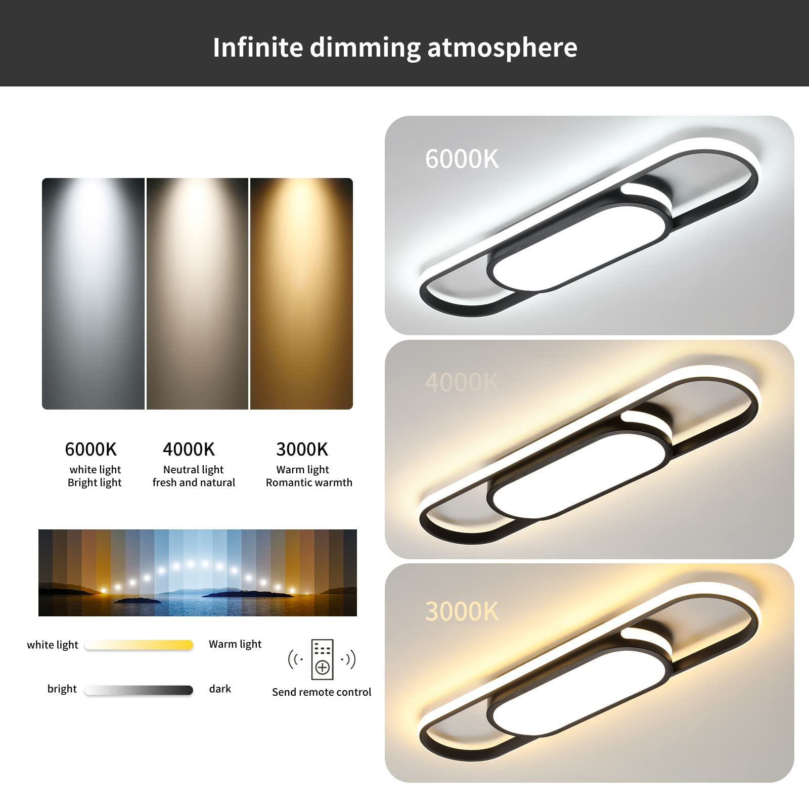 Tioolo Modern LED Ceiling Light Dimmable 2.3ft Acrylic Flush Mount Black YN9YH2120-B