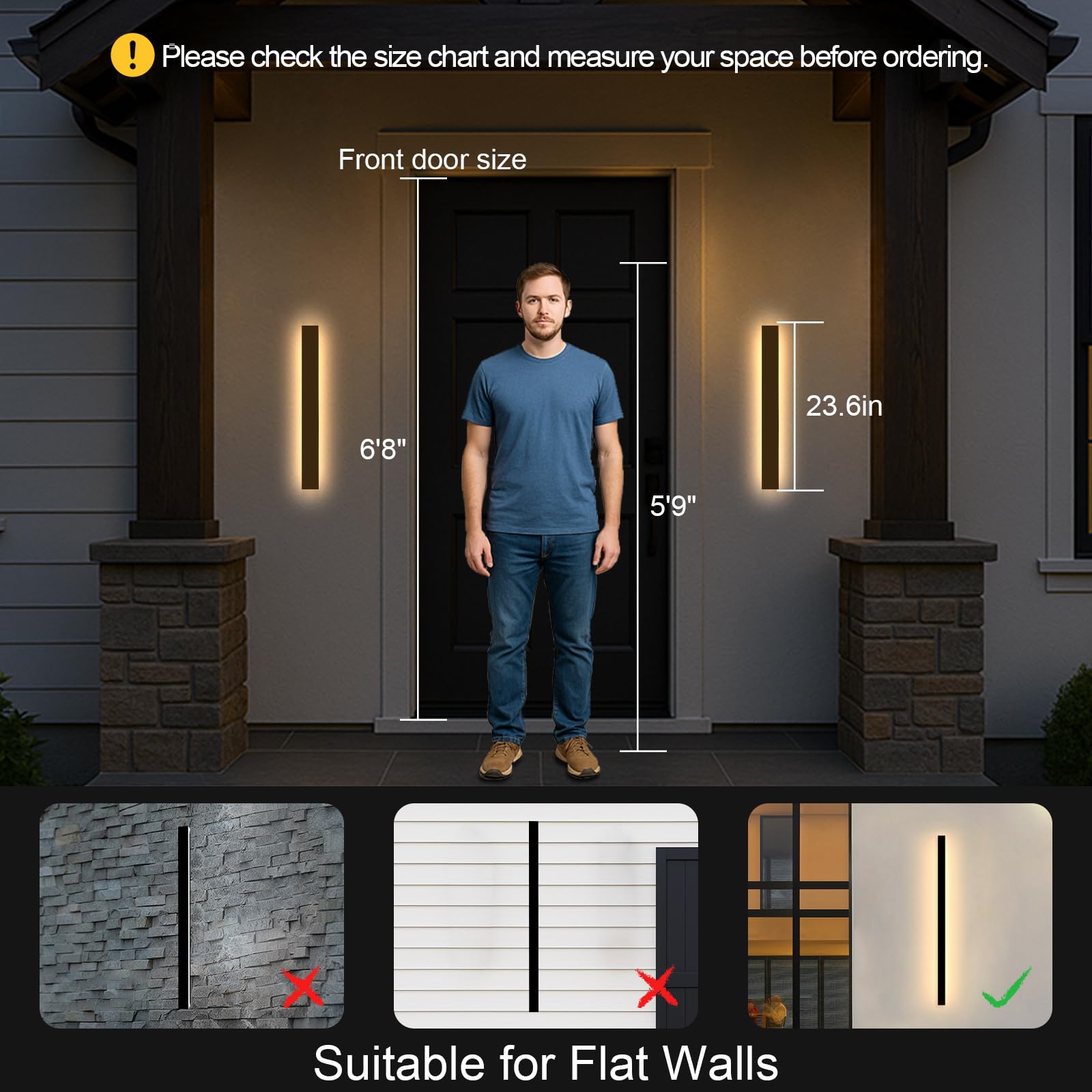 Niuzdu Porch Wall Lights - 2Pack 23.6Inch Long Strip Modern Outdoor Wall Light Fixture  Dimmable Black Wall Mount Exterior Lighting Wall Sconce Outside Garage Lights For House  Courtyard  Corridor