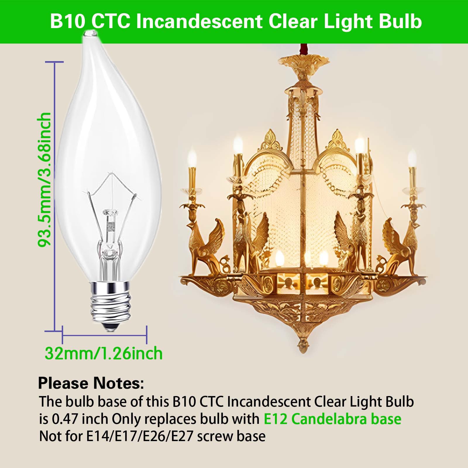 Seigun 12PC Candelabra Light Bulbs, 60W Clear E12 B10, Warm White 2700K, Dimmable, 600 Lumen, Glass