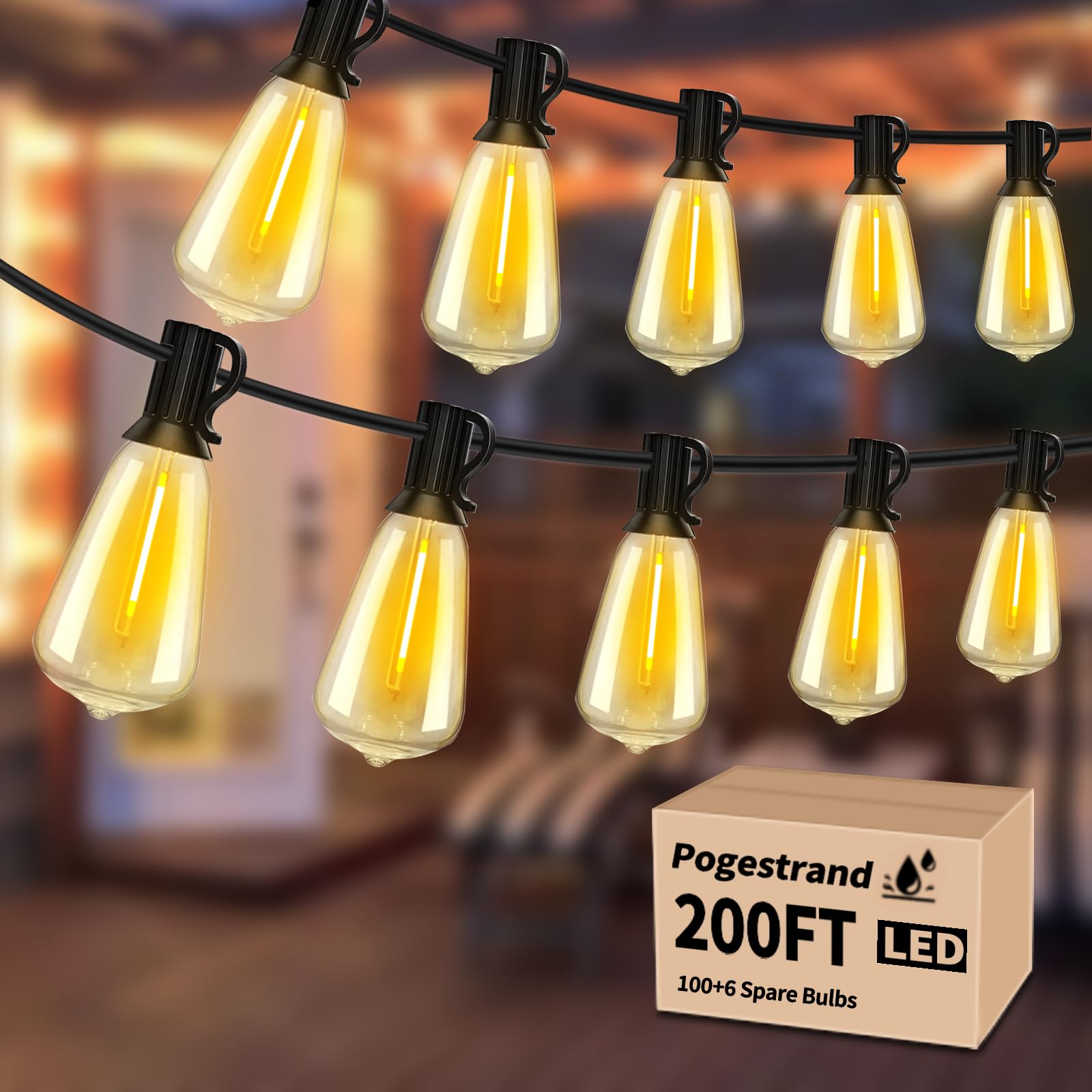 LED Outdoor String Lights 200ft ST38 Waterproof Patio Lights with 106 Vintage Shatterproof Bulbs(6 Spare), Dimmable Outside Hang