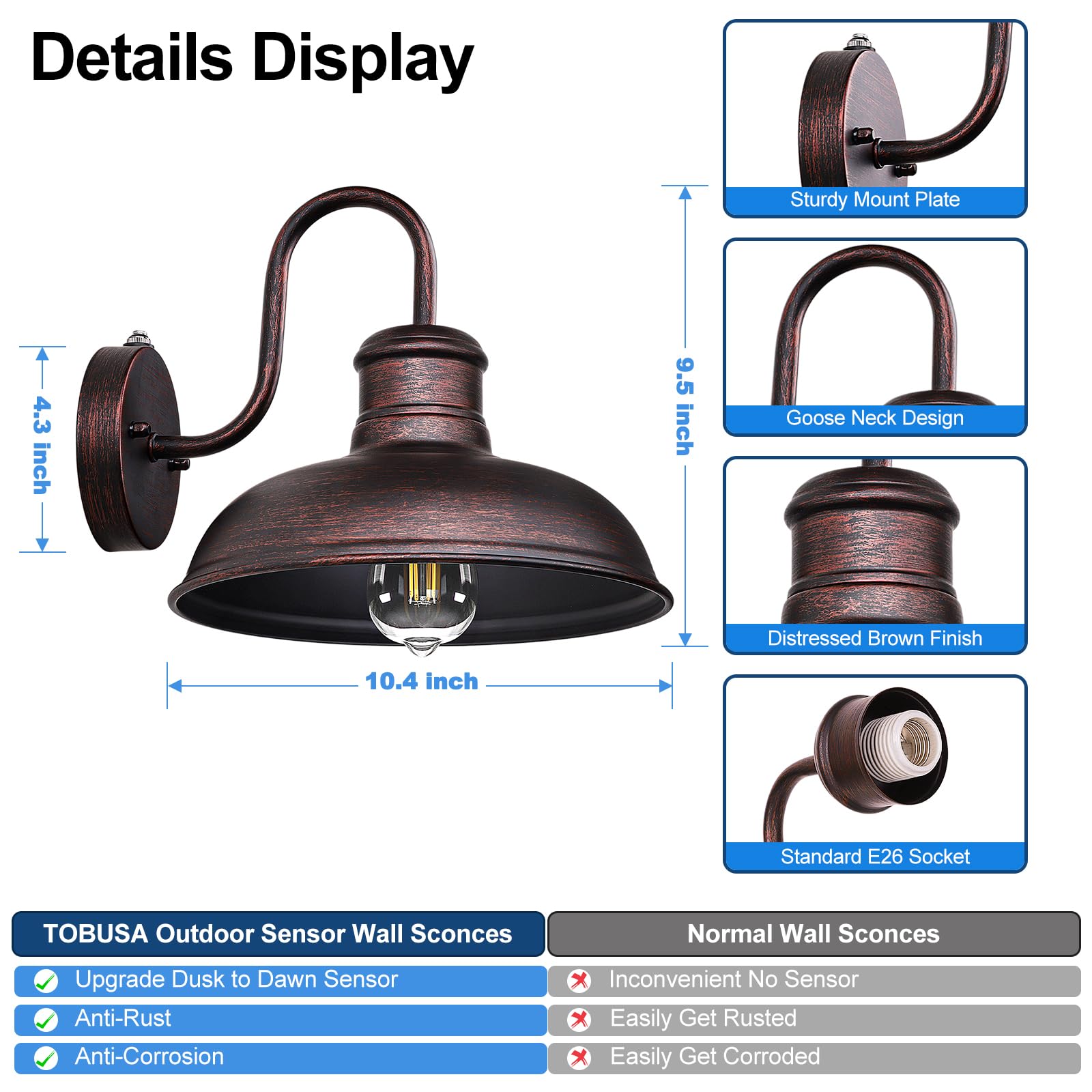 TOBUSA 2-Pack Dusk to Dawn Gooseneck Barn Wall Lights, Waterproof Distressed Brown Outdoor Fixture, Model B10014PP-BN