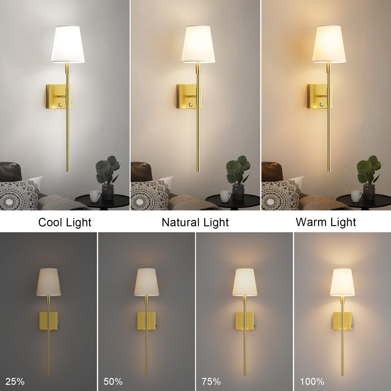 Aoceley Rechargeable Wall Sconces 11000mAh, 3-Color Dimmable Light with Remote & Touch Control, 27in, Gold, Model HW807