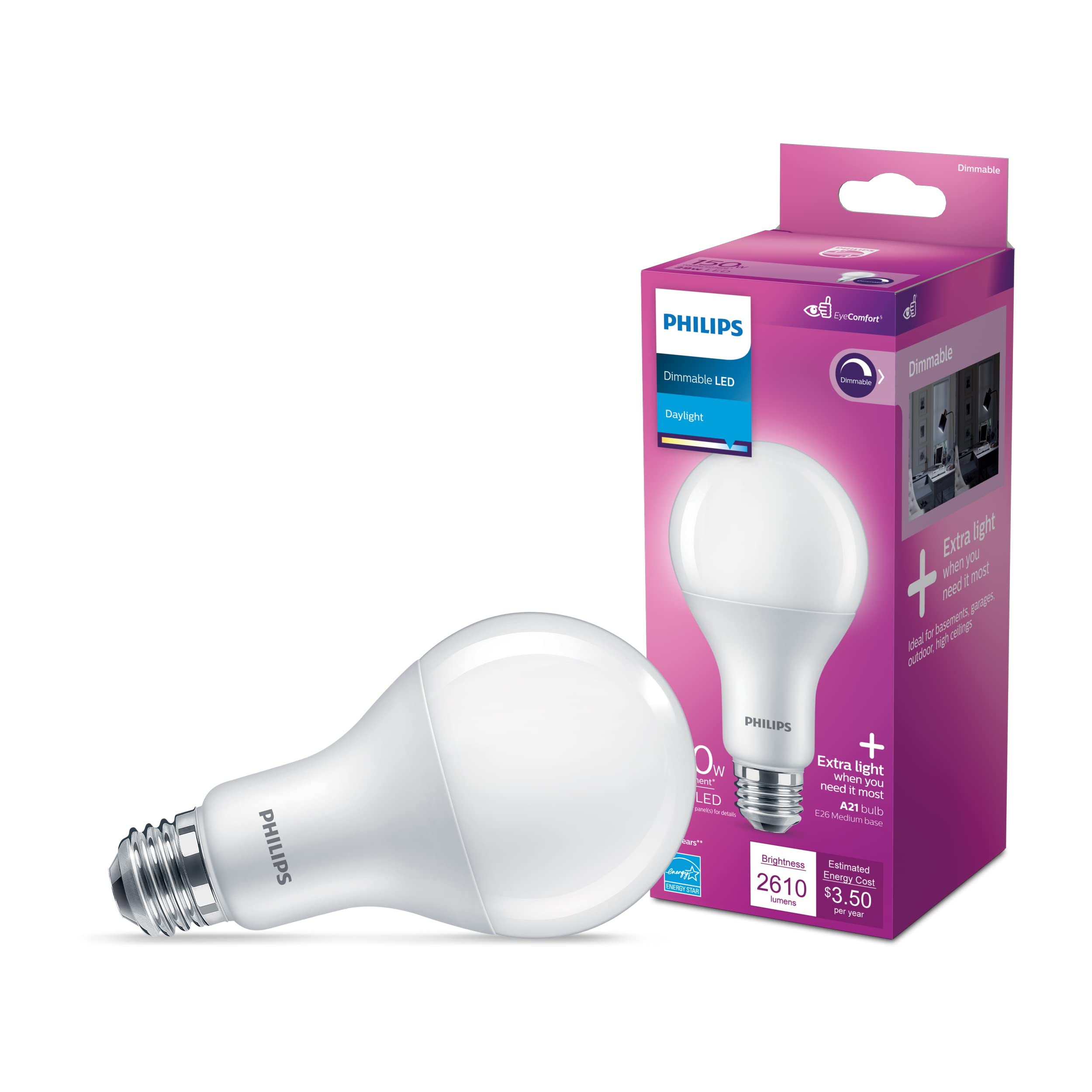 Philips LED A21 Dimmable Light Bulb, 2610 Lumen, Daylight (5000K), 4-Pack, E26 Base, EyeComfort Technology, Model 571505