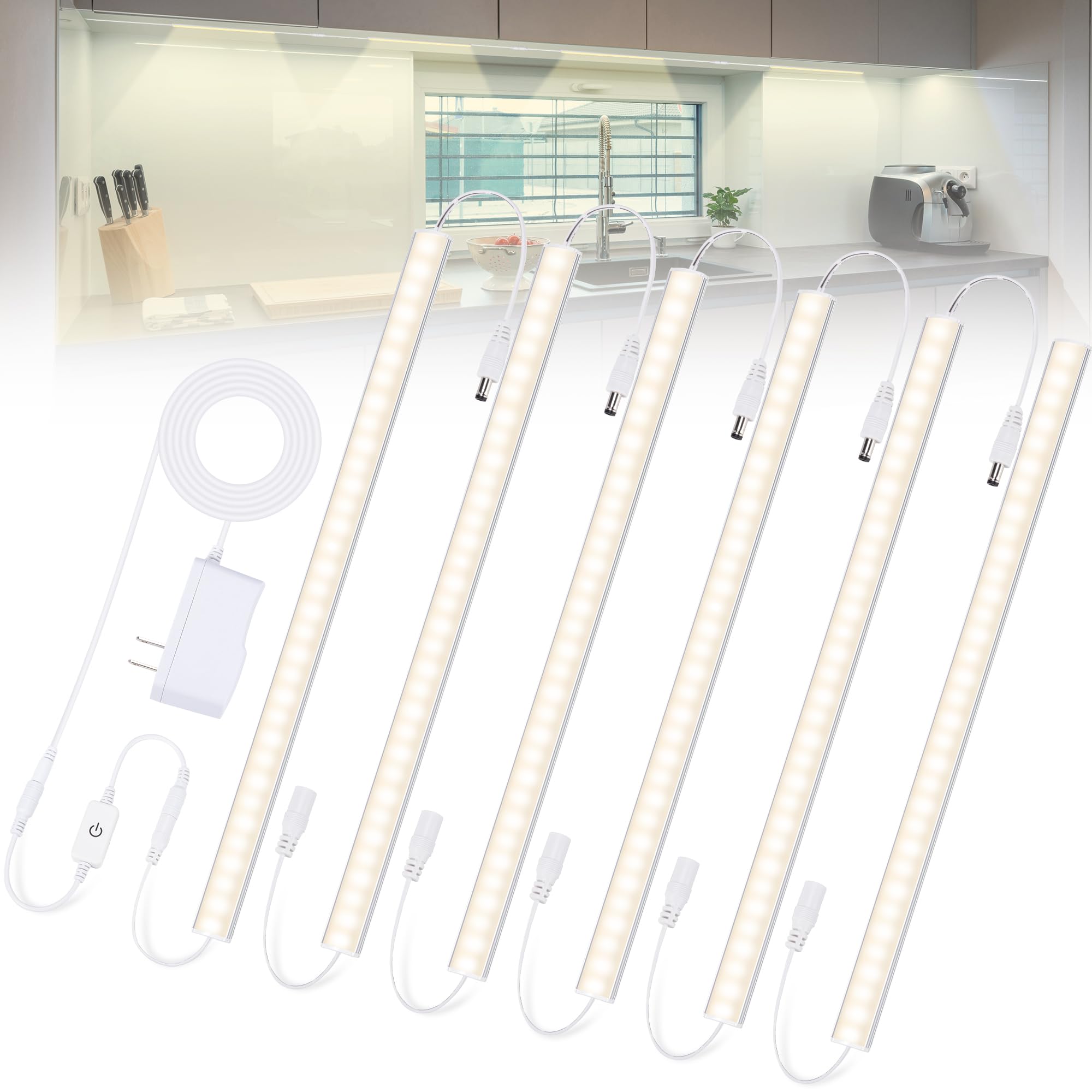 Plug-in Under Cabinet Lights Daylight White 4000K, Dimmable LED Under Cabinet Lighting, 6PCS x 12 Inch Under-Counter Light Fixtu