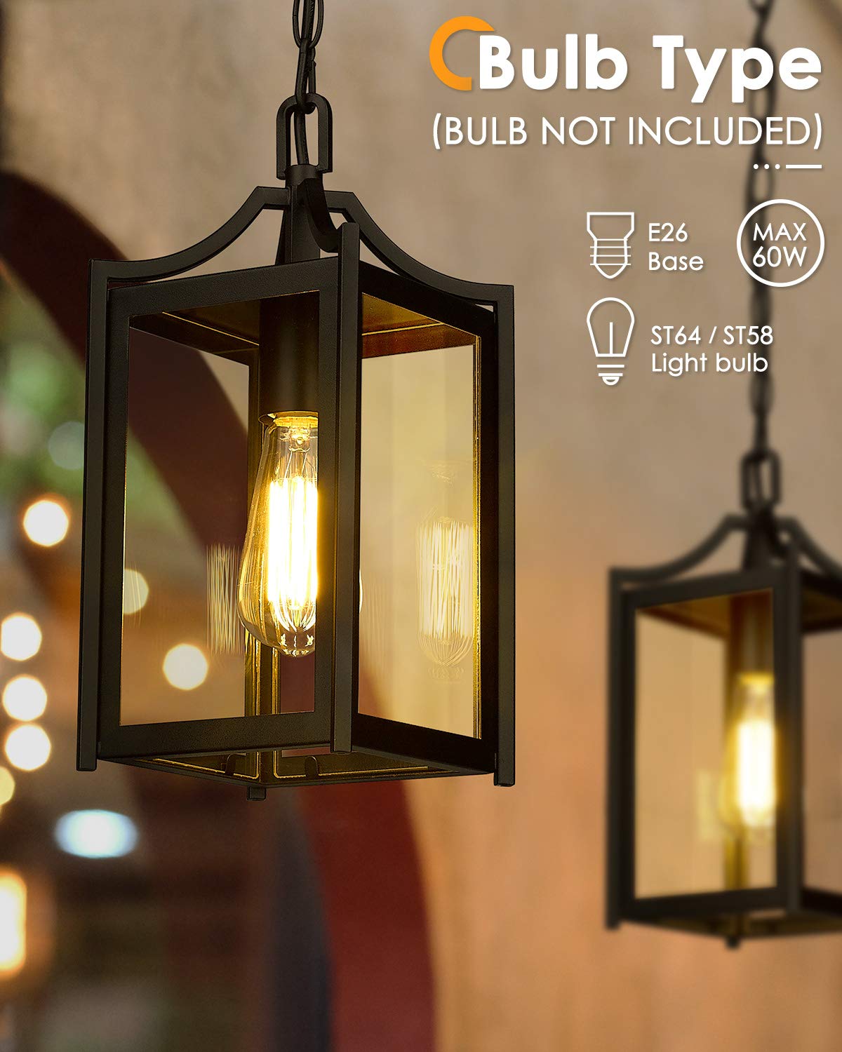 Osimir 14&quot; Black Outdoor Pendant Light With Adjustable Chain & Clear Glass Shade