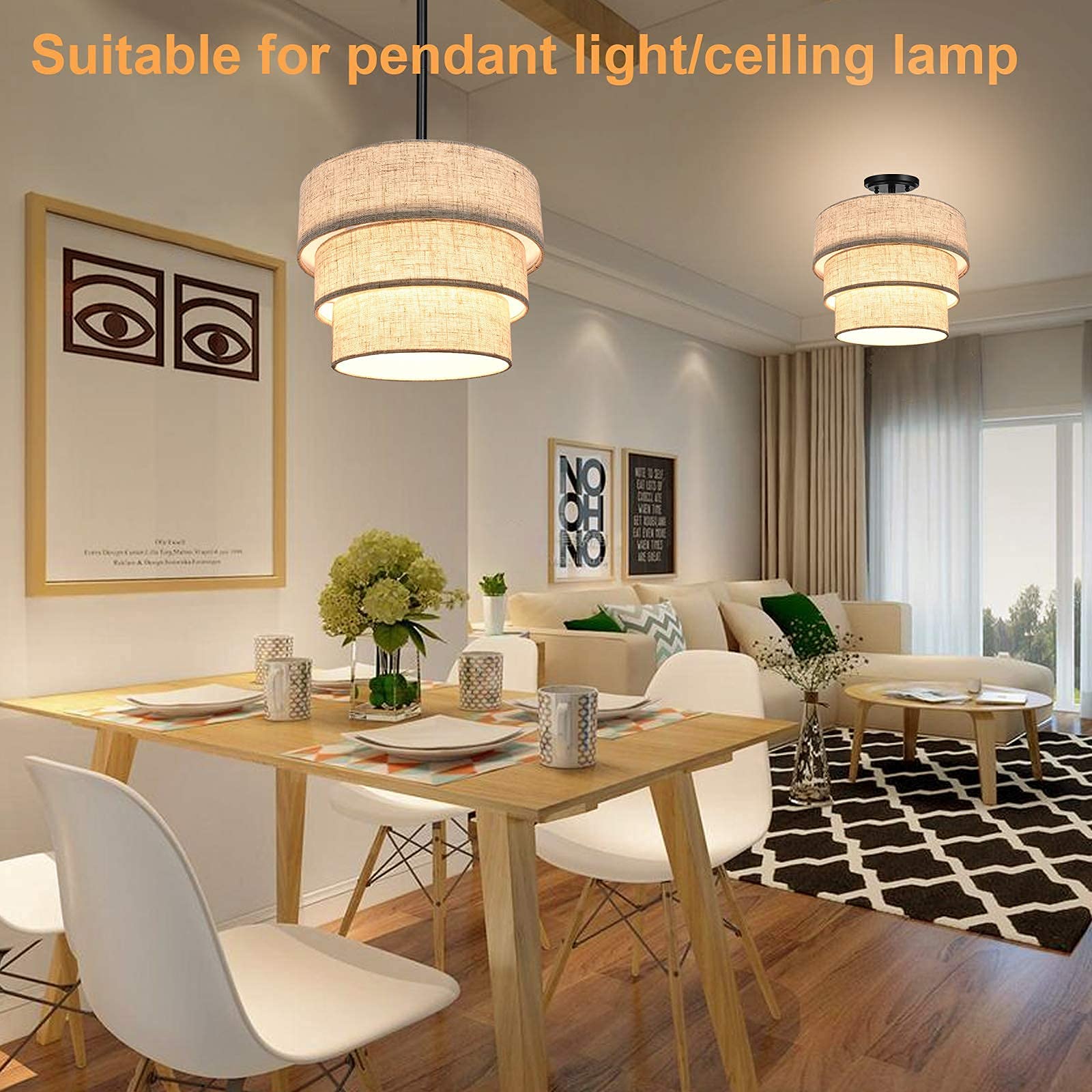 Huoku Brown 3-Tier Drum Lampshade, Handcrafted Natural Linen Replacement For Floor Lamps & Chandeliers