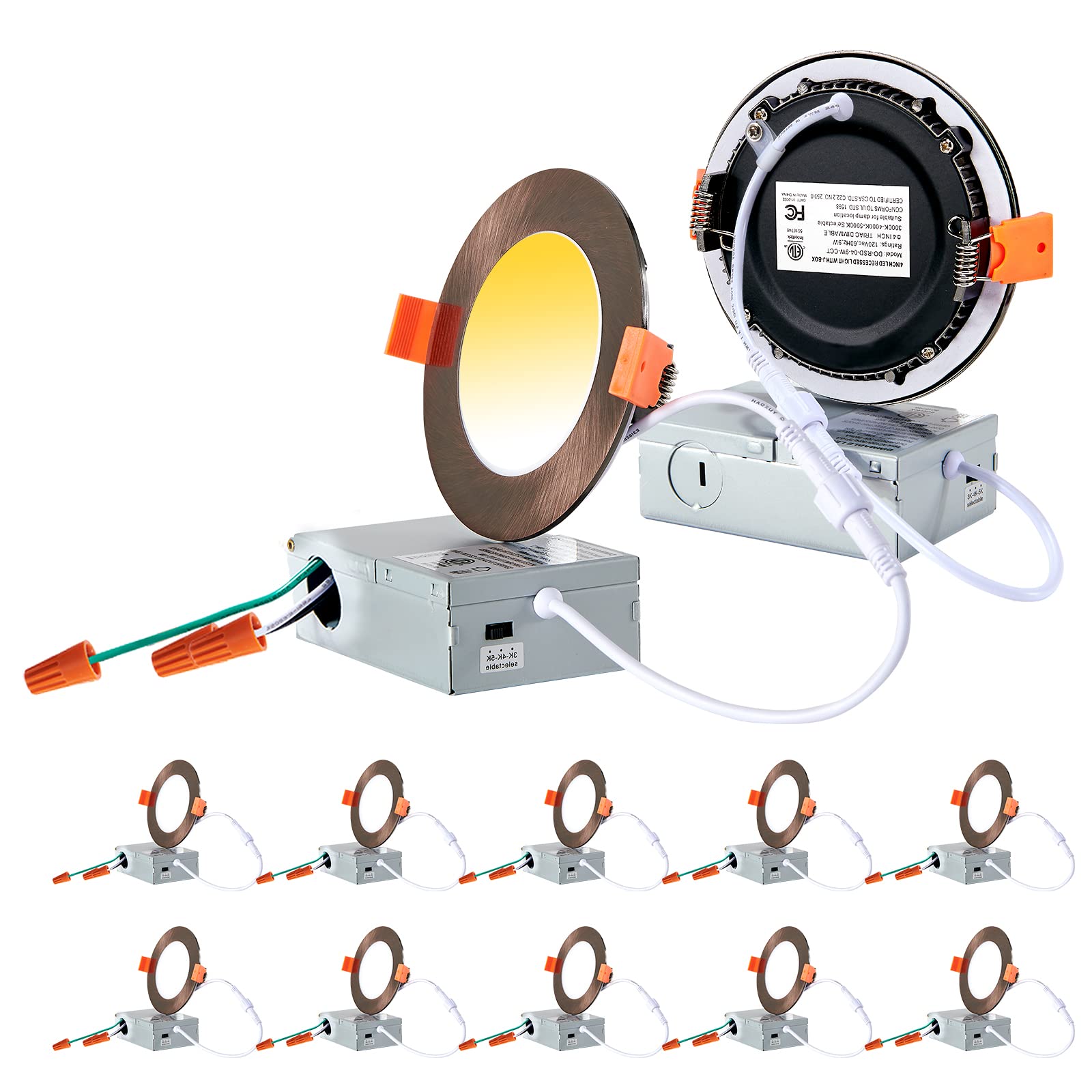 Cycevsun 12 Pack Bronze Recessed Lighting 4 Inch Exterior Soffit Pot Lights, Dimmable & 5Cct Selectable, 9W, 120Vac, Wet & Ic Rated, Etl