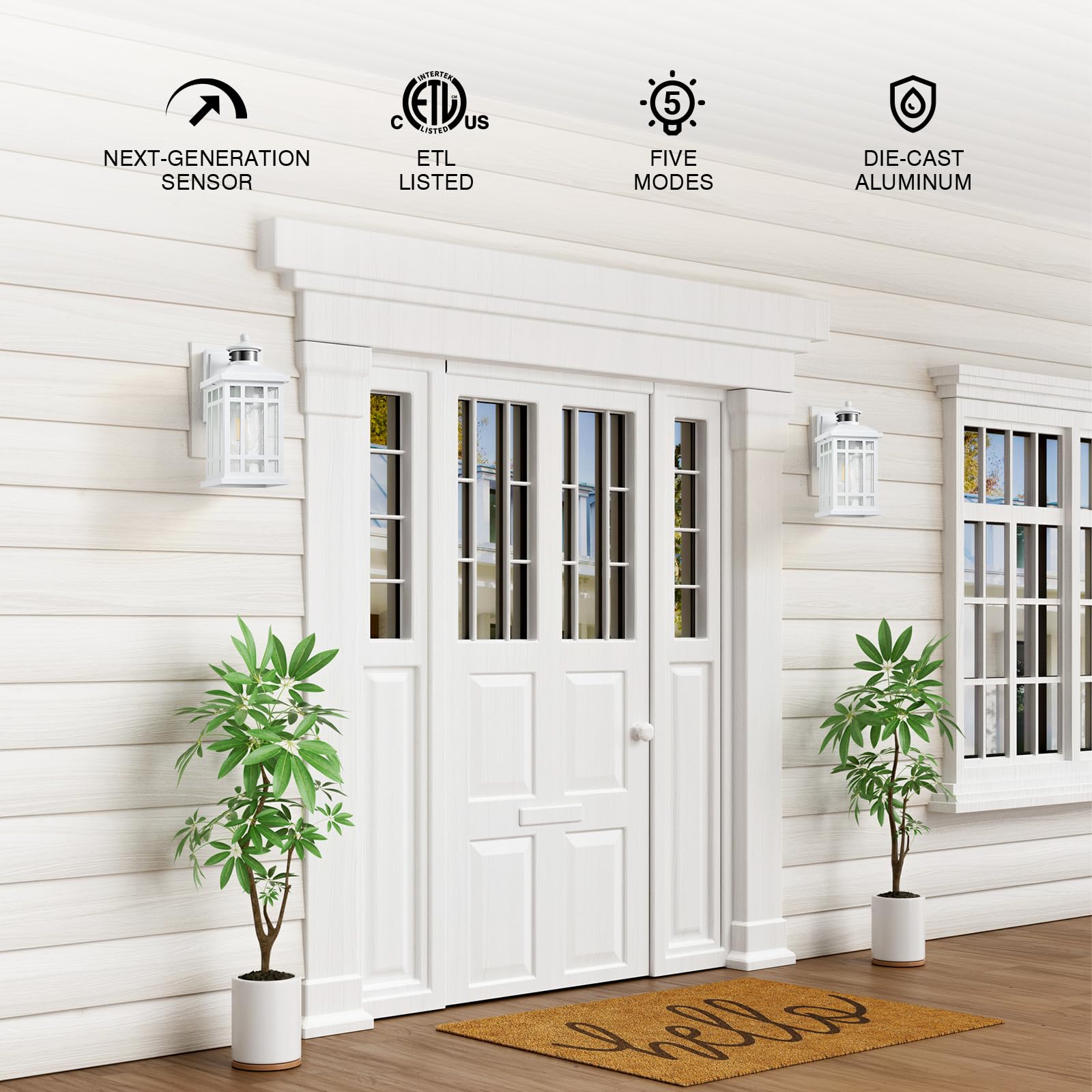 OPAXIS White Motion Sensor Outdoor Lights, 2-Pack, Aluminum, Dusk to Dawn, Adjustable Brightness, Model P816042WH