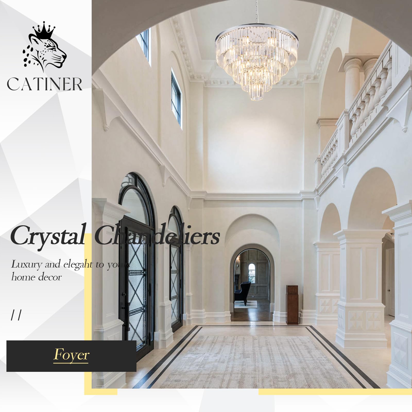 CATINER Large Chrome Crystal Chandelier, 30” 5-Tier 16 Lights Pendant Lighting for Living Room, Dining Room, Foyer, Model 91-750C