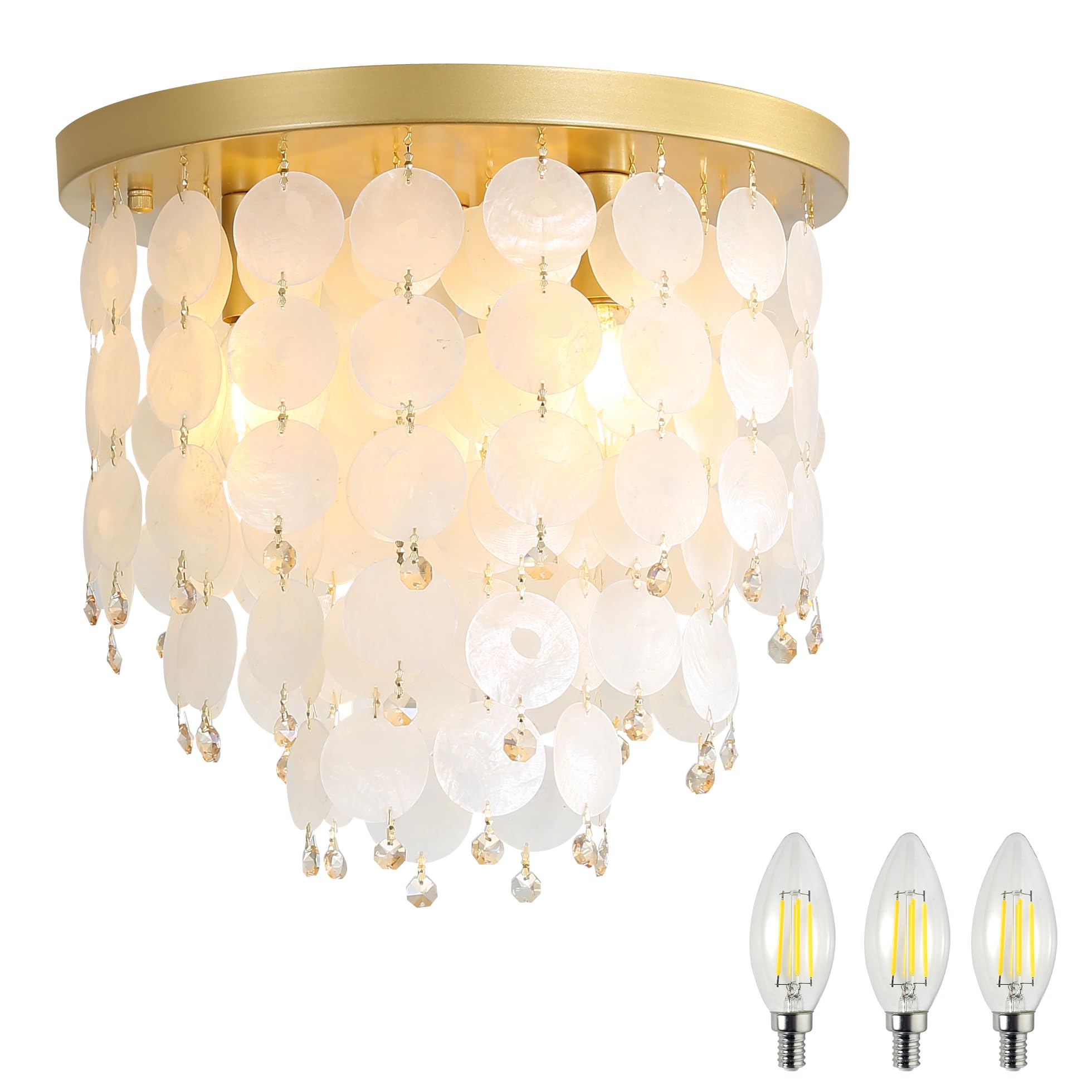13&quot; Flush Mount Chandelier Natural Capiz Shell Ceiling Light 3 Light Mini Chandelier Gold Crystal Chandelier Hallway Light Fixtures Ceiling For Bedroom Kitchen Island Dinning Room Bulb Included
