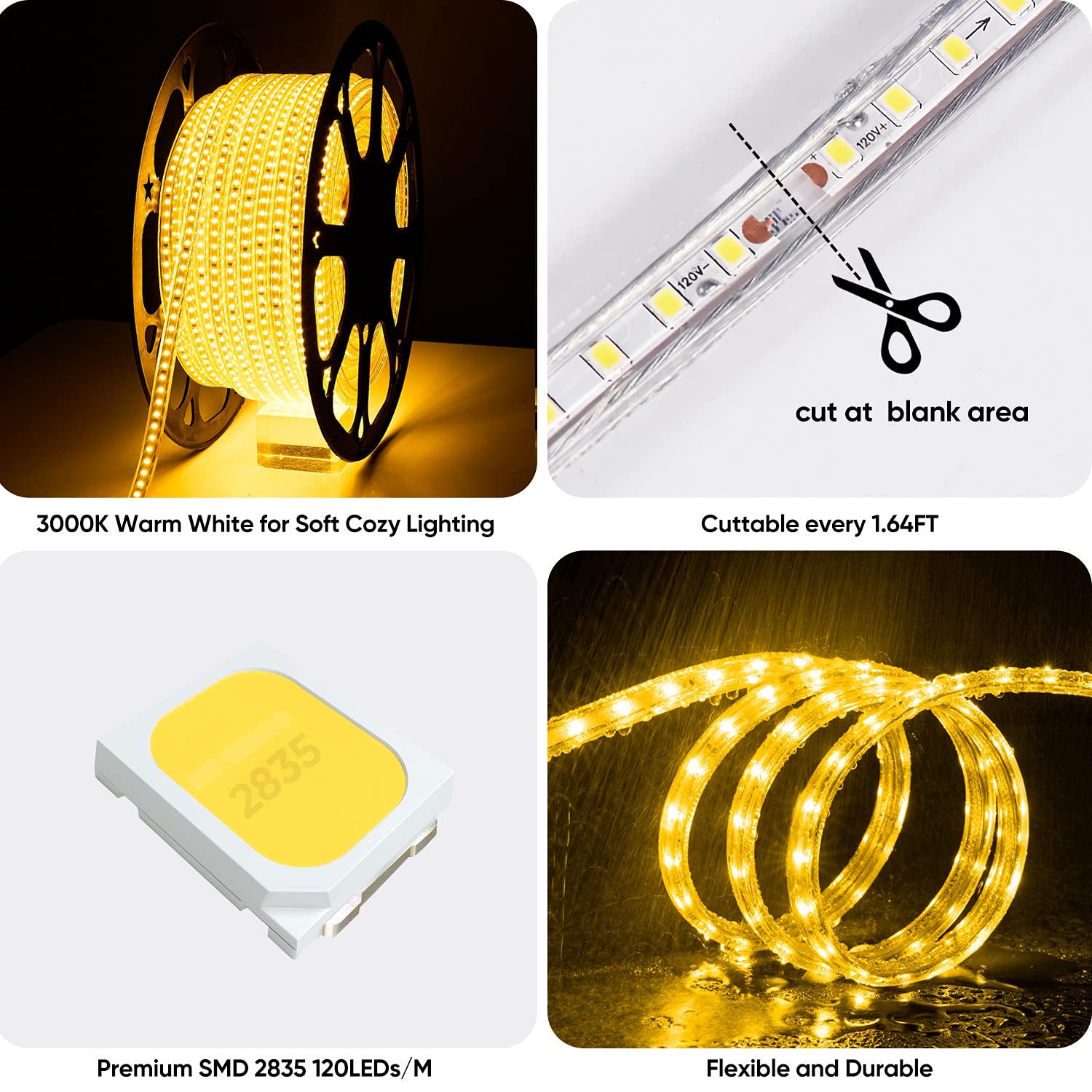 Shine Decor Led Strip Light 150Ft 120Vac, Super Bright 19012 Lumens Dimmable, Ip65 Waterproof For Outdoor Indoor, 3000K Warm Whi