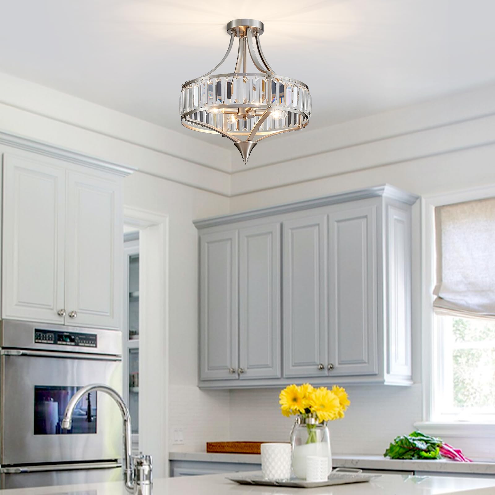 Majhoiw Brushed Nickel 4-Light Crystal Semi Flush Mount Ceiling Light Fixture Rustic Farmhouse Ceiling Lighting With Round Metal