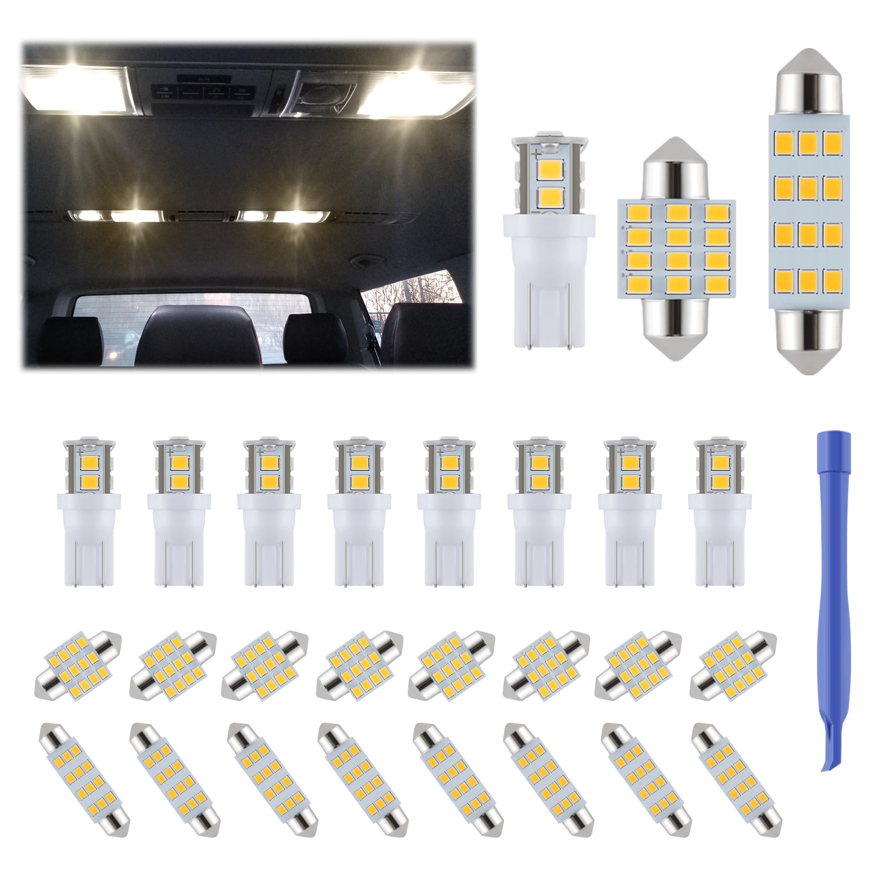 iFunyLED Dome Light LED Bulb Kit - 24 Pieces, Warm White, Replacement for Car Interior, Map, License Plate, 194 T10 DE3175 578
